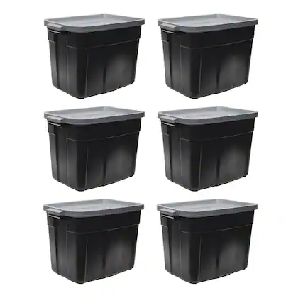 Front. RubberMaid - Rubbermaid Roughneck 18 Gal Storage Container Organizer, Black & Gray (6 Pack) - Black and Grey.