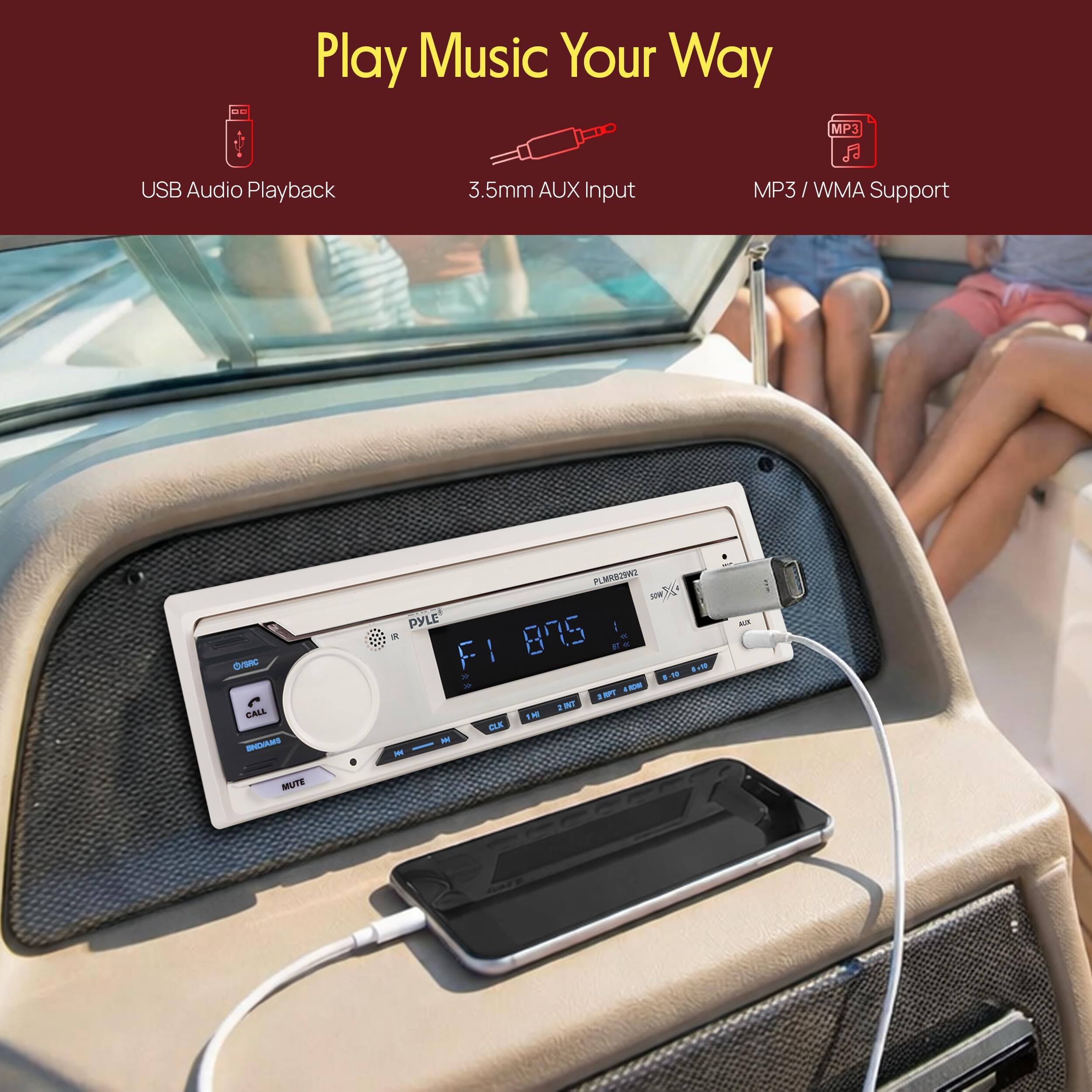 Play Music Your Way  
USB Audio Playback  
3.5mm AUX Input  
MP3 / WMA Support