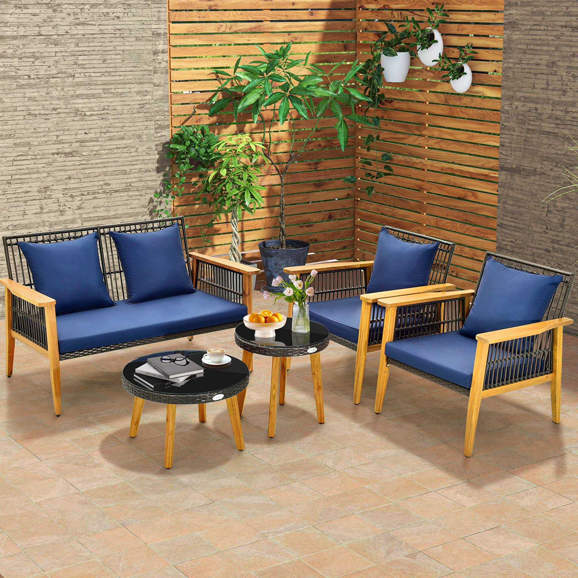 Alt View 1. Costway - Costway 5PCS Outdoor Rattan Woven Conversation Set Stable Acacia Wood Frame for Backyard - Navy.