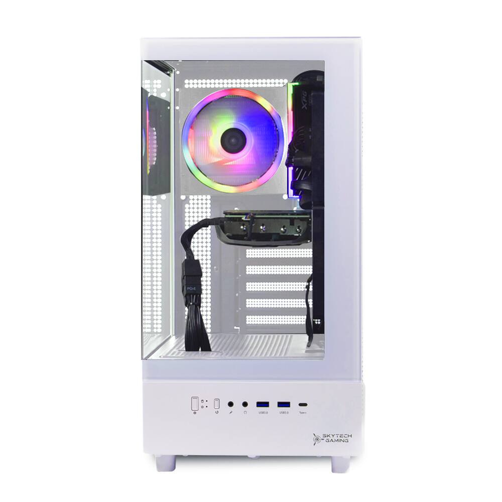 XPG is a gaming computer that is designed for high-performance gaming and is equipped with a colorful fan and a rainbow light. It is a small, white, and clear case that houses the computer components, including the motherboard, hard drive, and other peripherals. The case is designed to showcase the internal components of the computer, making it visually appealing and easy to clean. The XPG gaming computer is built with a focus on performance and aesthetics, making it an attractive option for gamers who want a stylish and powerful machine.