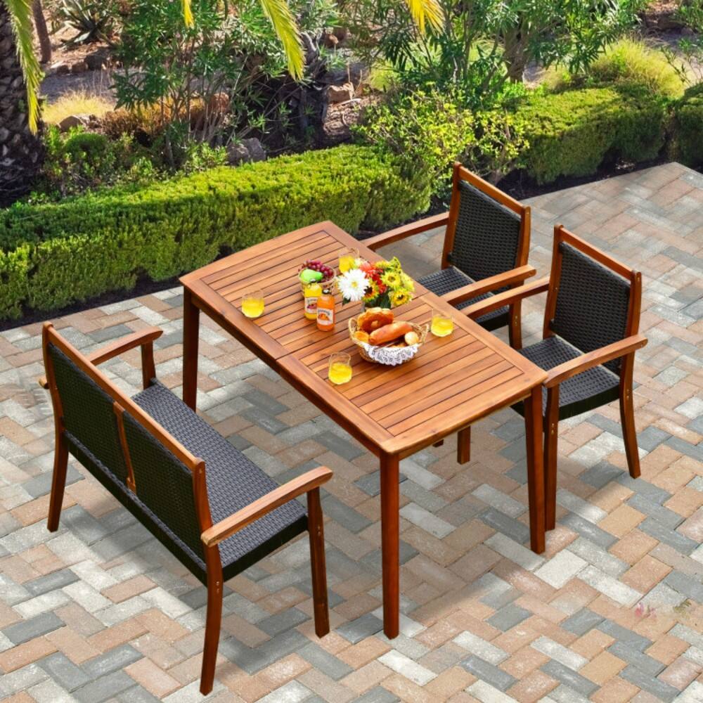Angle. Mondawe - 4 Pieces Acacia Wood Patio Rattan Dining Furniture Set - Black ,Brown.