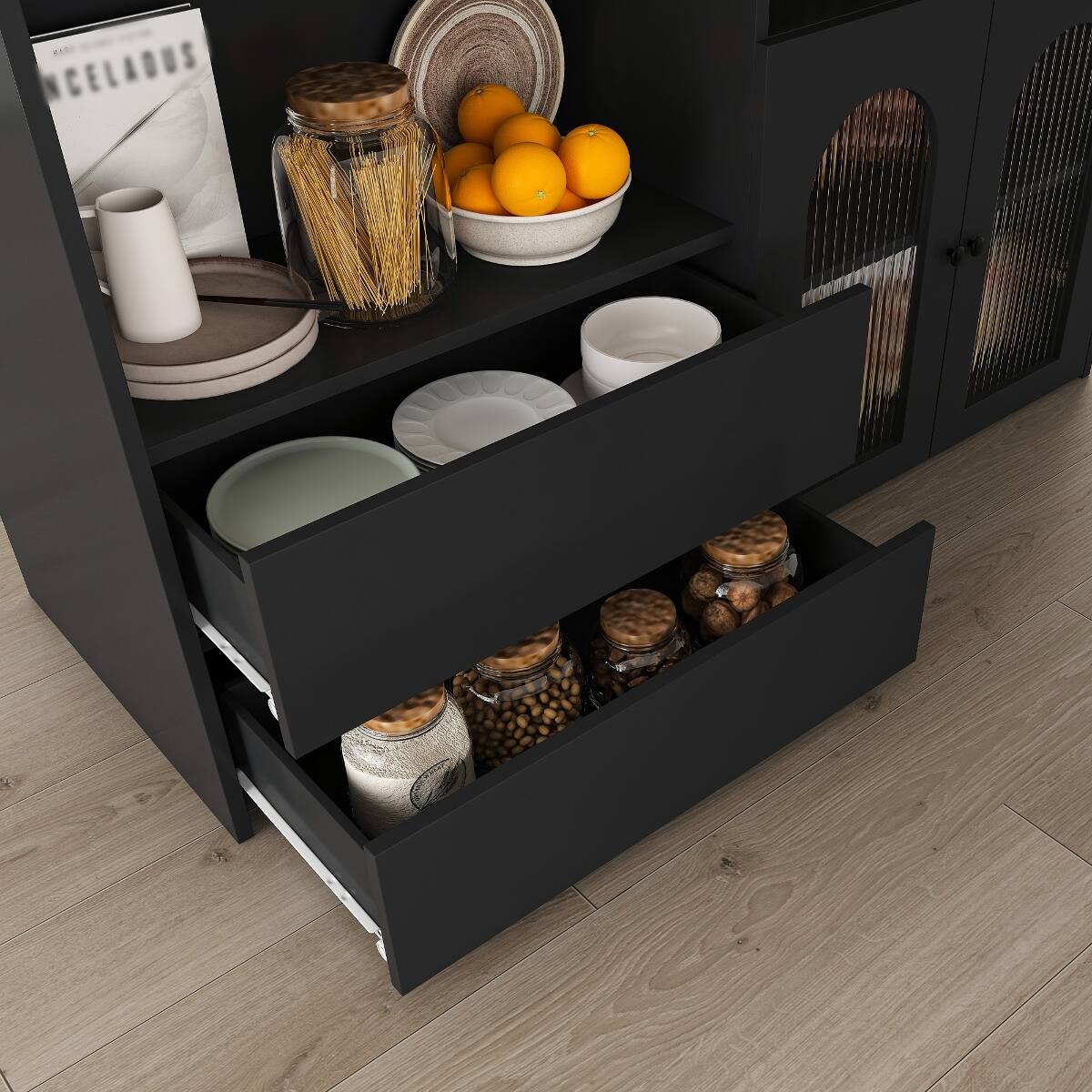 Alt View 3. Loheer - Loheer Extendable Kitchen Island with Power Outlets Boho Style - Black.
