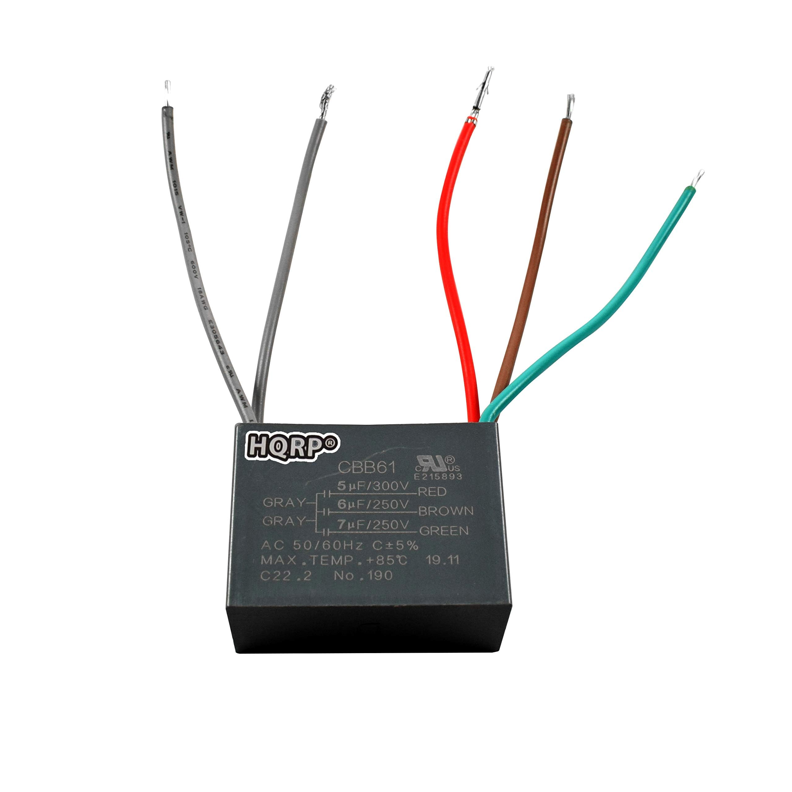 D SEV BRyPI CAnEEAR  
HQRPO CBB61 SLR US 215893  
5F/300V RED 1 GRAY 6F/250V BROWN GRAY- 7F/250V GREEN  
AC 50/60HZ C5% MAX TEMP +85C 19.11 C22.2 .2 No 190