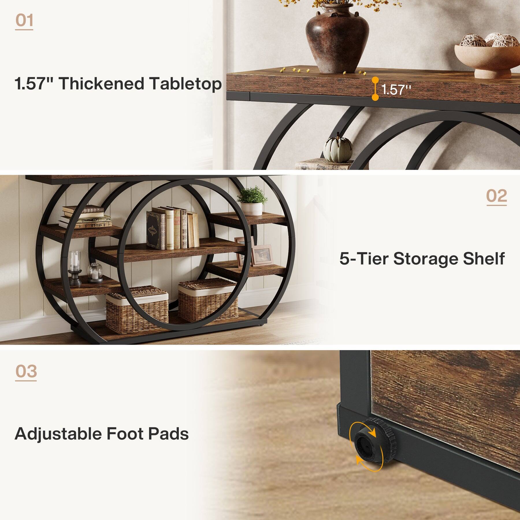01
1.57" Thickened Tabletop
1.57"
02
5-Tier Storage Shelf
03
Adjustable Foot Pads