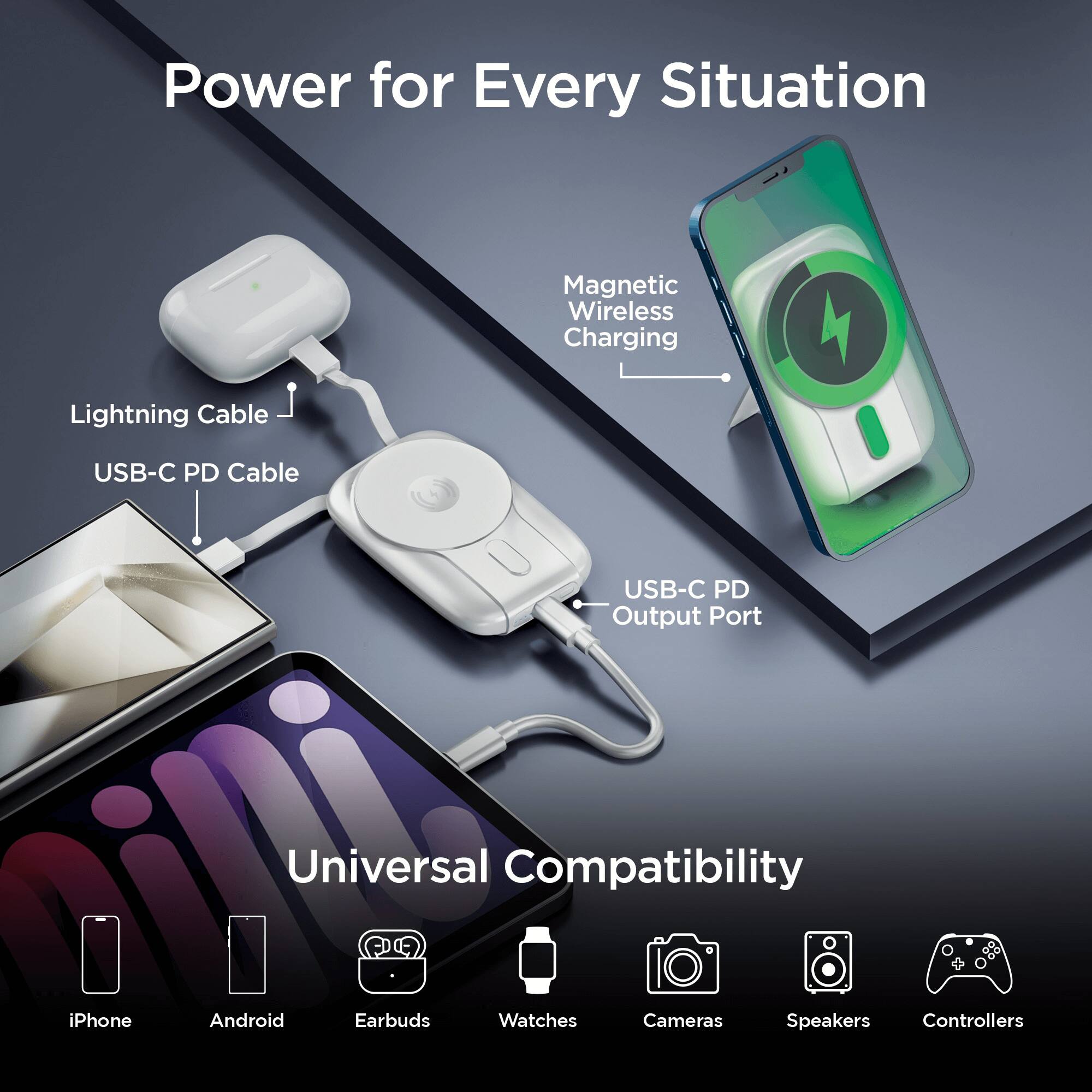 Power for Every Situation  
Magnetic Wireless Charging  
Lightning Cable  
USB-C PD Cable  
USB-C PD Output Port  
Universal Compatibility  
iPhone  
Android  
Earbuds  
Watches  
Cameras  
Speakers  
Controllers