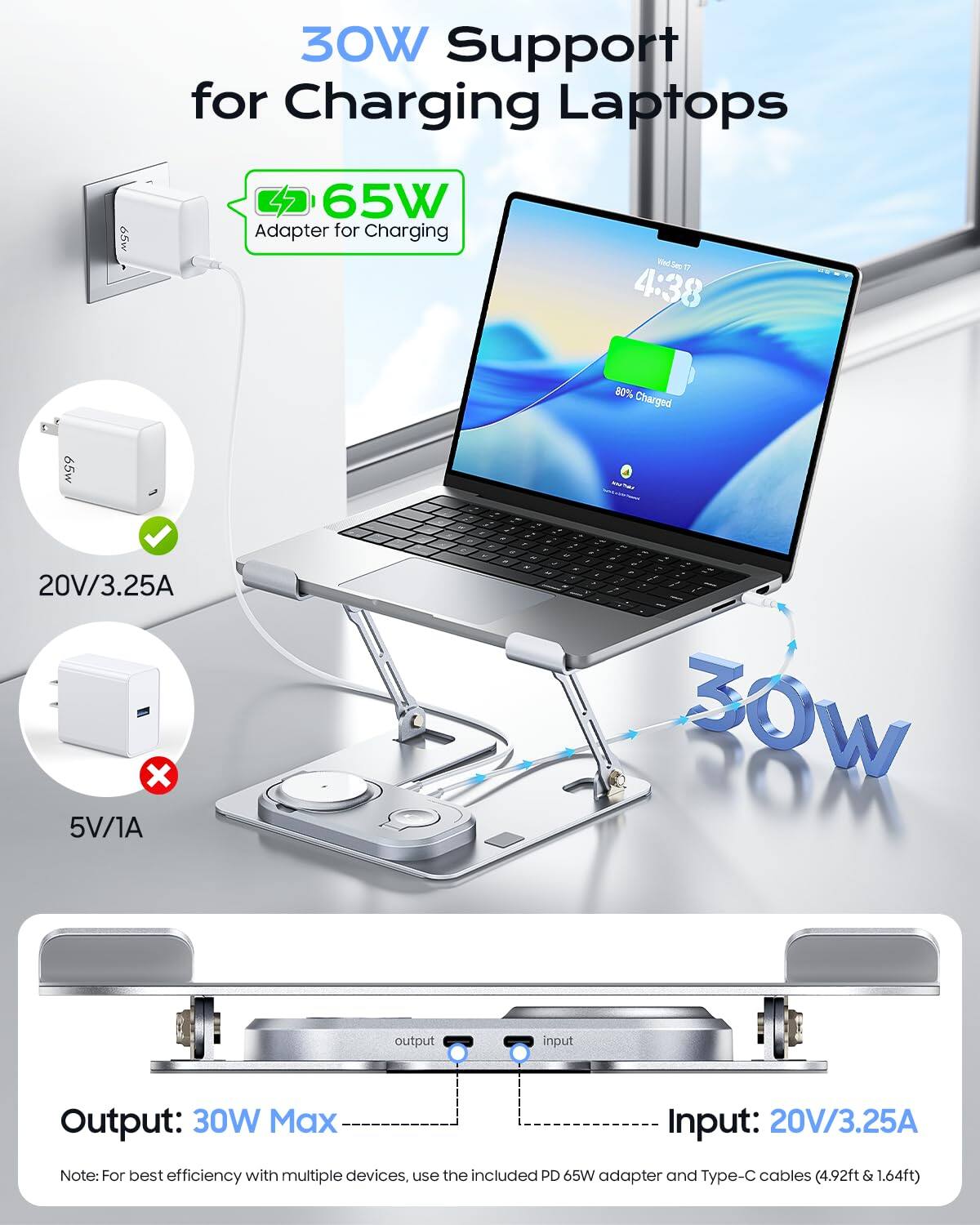 30W Support for Charging Laptops

65W Adapter for Charging

- 20V/3.25A
- 5V/1A

Output: 30W Max

Input: 20V/3.25A

Note: For best efficiency with multiple devices, use the included PD 65W adapter and Type-C cables (4.92ft & 1.64ft)