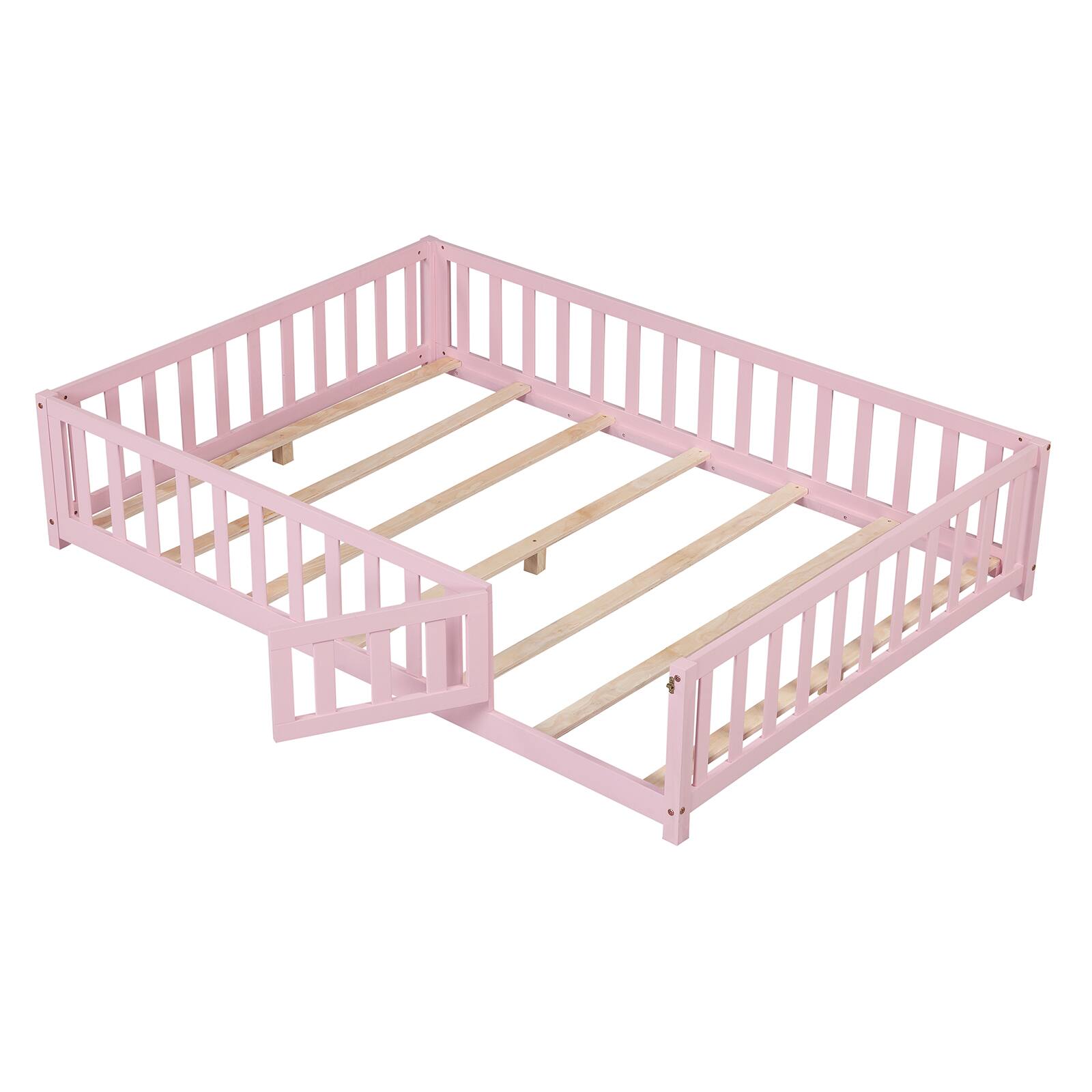 Alt View 9. Gymax - Gymax Full Size Floor Bed Montessori Bed Frame w/Full-length Guardrails & Safety Door - Pink.