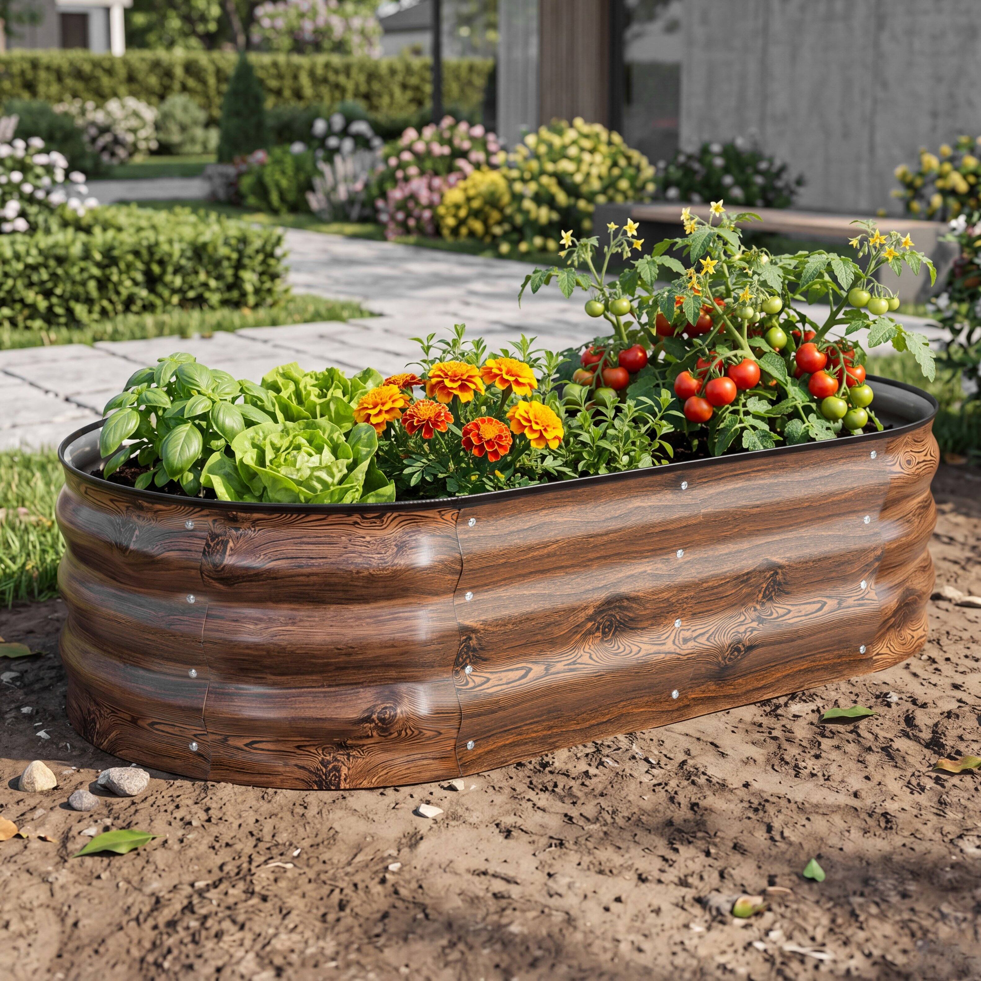 Left. Nuu Garden - Galvanized 4x2x1ft Planter Garden Box Outdoor, Oval Raised Garden Bed - Brown (1 PC).