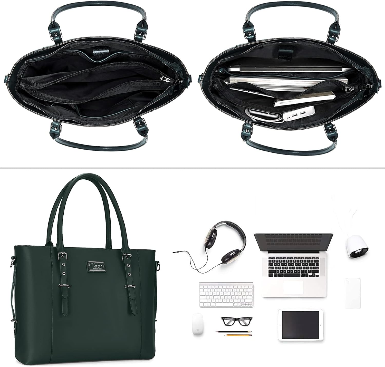 Left. mosiso - Waterproof PU Leather Laptop Bag for Women 17.3 Inch, Vintage Briefcase Shoulder Tote Computer Bag for Work & Office - Midnight Green.