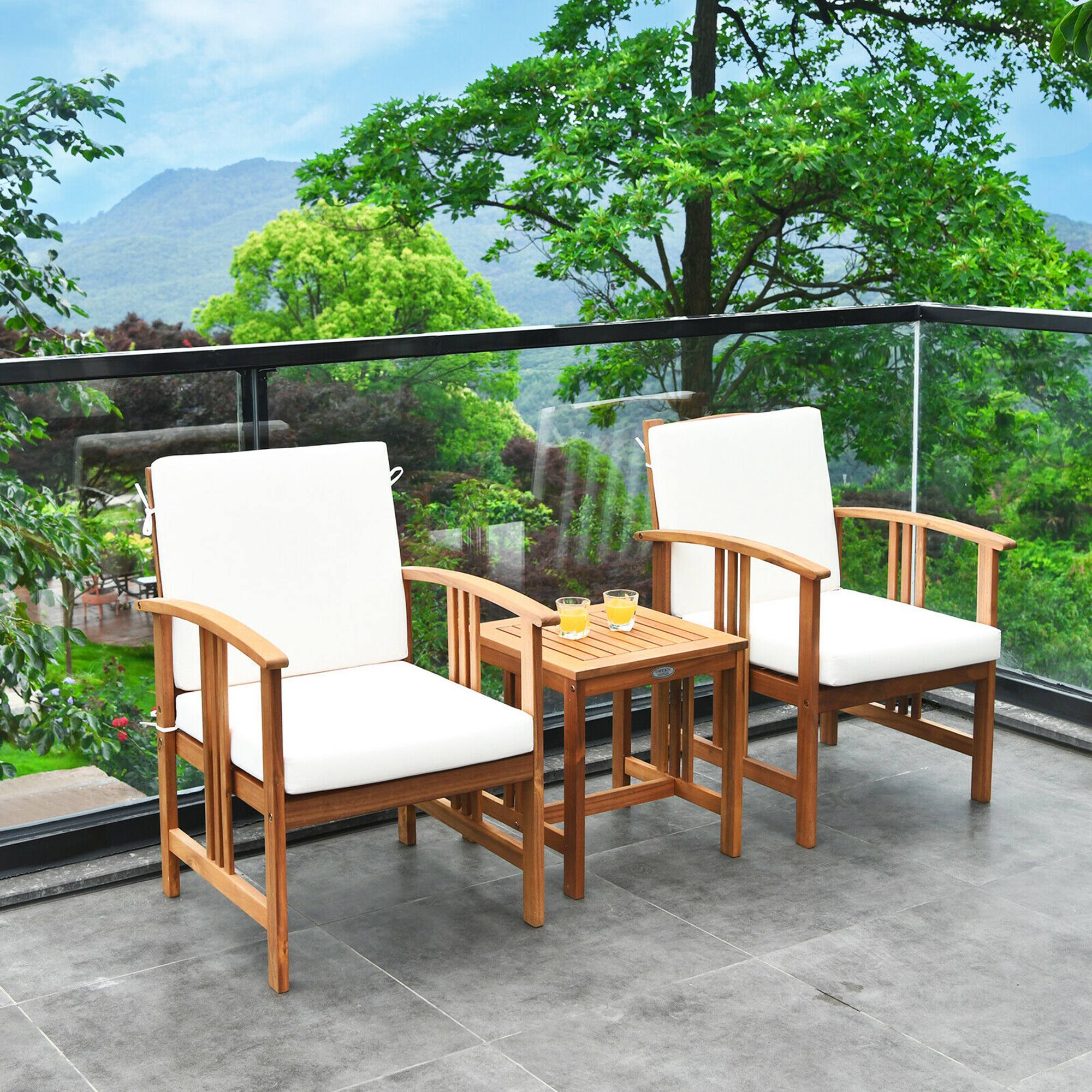 Front. Gymax - Gymax 3PC Outdoor Patio Sofa Furniture Set Solid Wood Cushioned Conversation Set White - White.