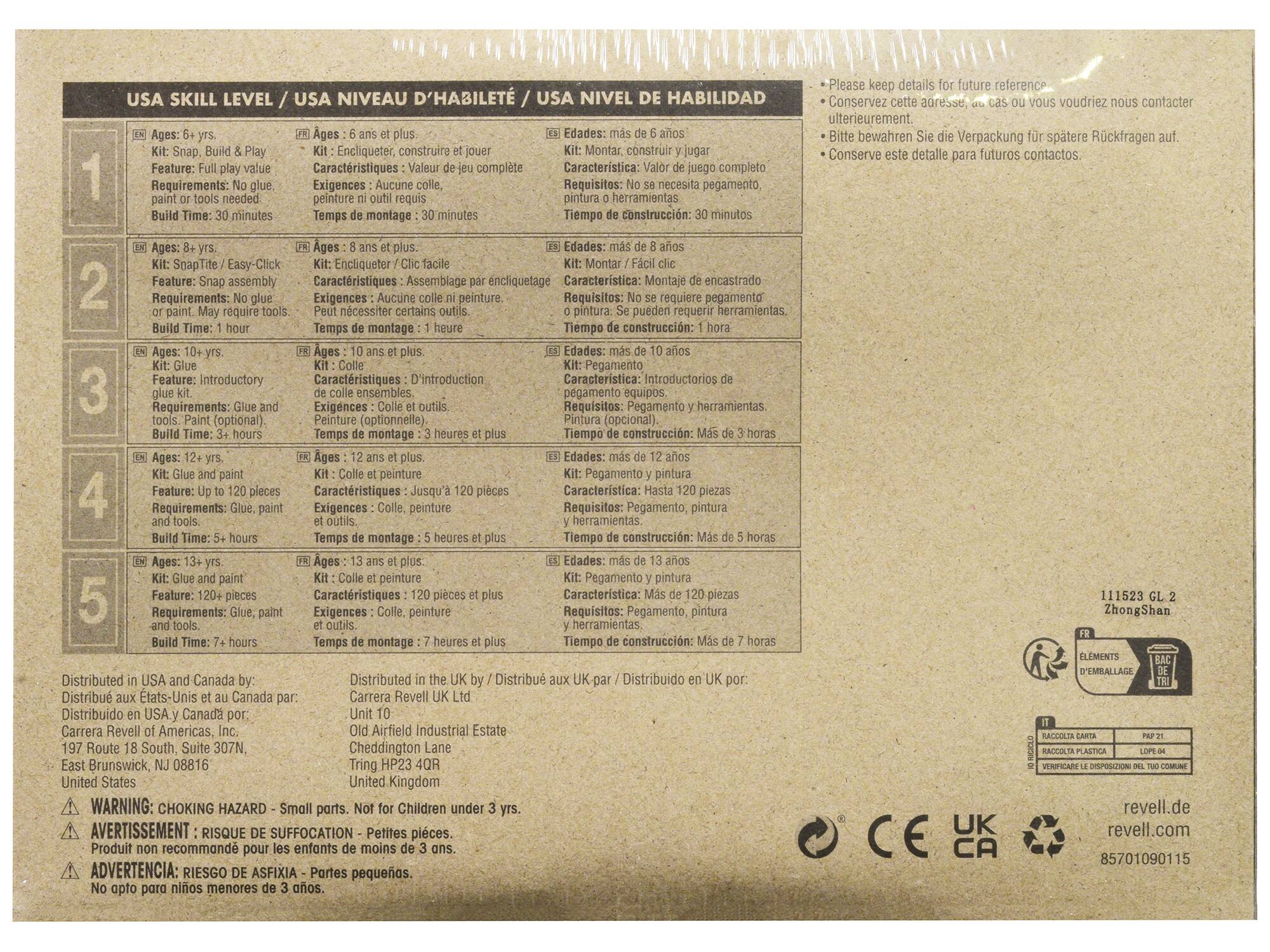 USA SKILL LEVEL / USA NIVEAU D'HABILITÉ / USA NIVEL DE HABILIDAD

1. Ages: 6+ yrs.
   Kit: Snap, Build & Play
   Feature: Full play value
   Requirements: No glue, paint or tools needed.
   Build Time: 30 minutes

2. Ages: 8+ yrs.
   Kit: SnapTite / Easy-Click
   Feature: Snap assembly
   Requirements: No glue or paint. May require tools.
   Build Time: 1 hour

3. Ages: 10+ yrs.
   Kit: Glue
   Feature: Introductory glue kit
   Requirements: Glue and tools. Paint (optional).
   Build Time: 3+ hours

4. Ages: 12+ yrs.
   Kit: Glue and paint
   Feature: Up to 120 pieces
   Requirements: Glue, paint and tools.
   Build Time: 5+ hours

5. Ages: 13+ yrs.
   Kit: Glue and paint
   Feature: 120+ pieces
   Requirements: Glue, paint and tools.
   Build Time: 7+ hours