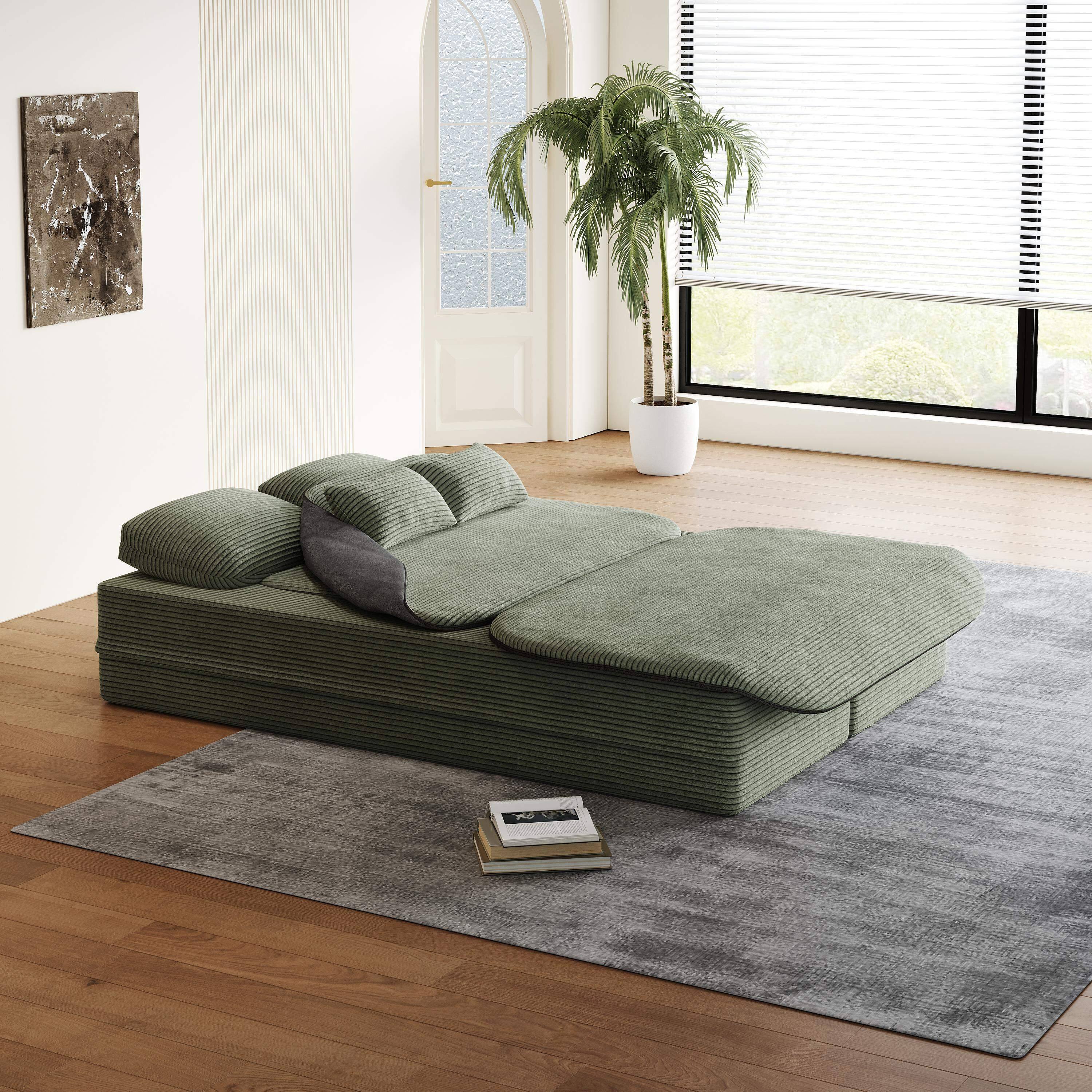 Angle. Roomtec - 75.2 in 1 Foldable SofaConvertible Sleeper Foam Sofa Bed with Multi Functional Blanket Corduroy Floor folding sofa bed - Green.