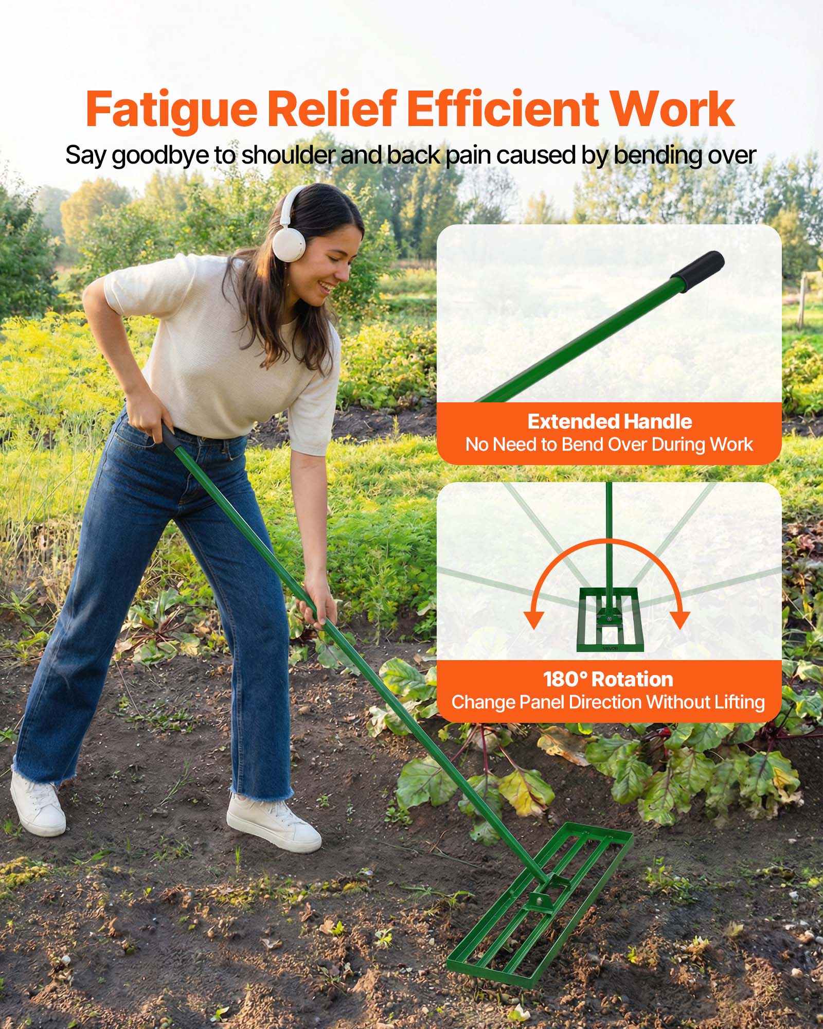 Fatigue Relief Efficient Work  
Say goodbye to shoulder and back pain caused by bending over  

Extended Handle  
No Need to Bend Over During Work  

180° Rotation  
Change Panel Direction Without Lifting