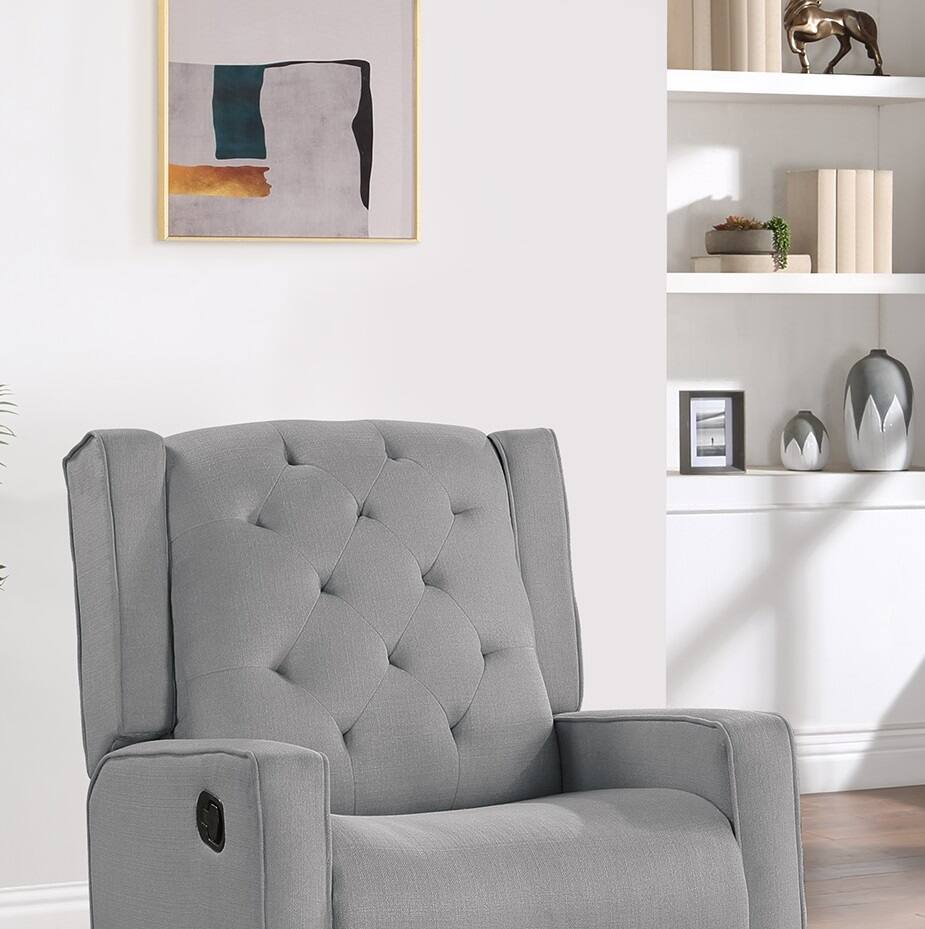 Back. TinyHomie - Contemporary Dark Gray Color Polyfiber Swivel Recliner Chair 1pc Manual Motion Wing Back Tufted Cushion - DARK GREY.