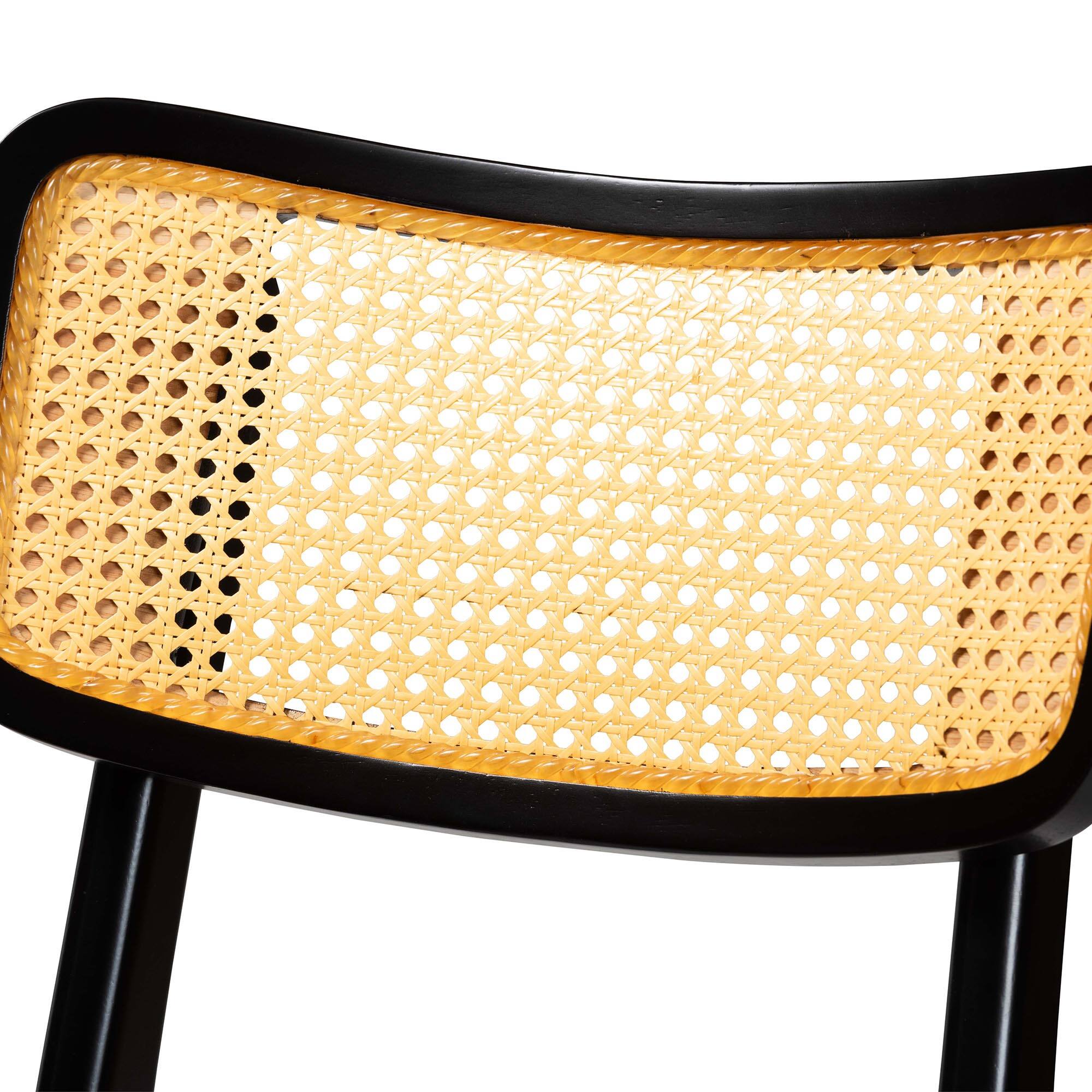 Back. Baxton Studio - Tafari Mid-Century Modern Finished Wood and Rattan 2-Piece Counter Stool Set - Dark Brown/Light Brown.