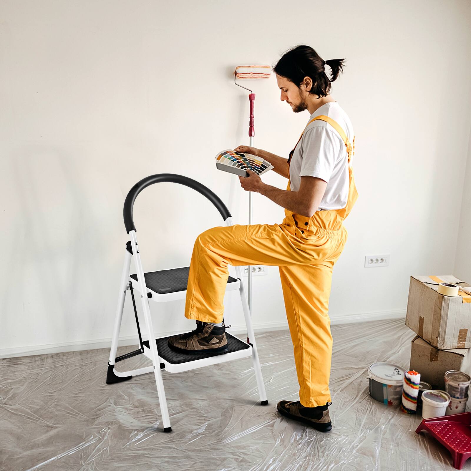 Angle. Sugift - 2.75 Feet Folding Step Stool with Iron Frame and Anti-Slip Pedals - White.