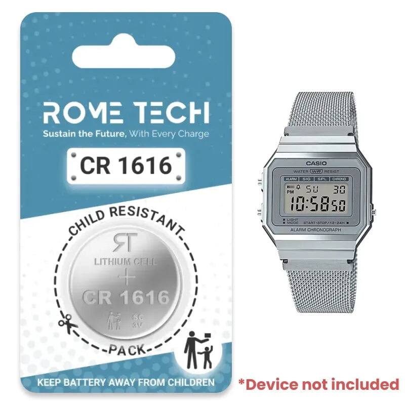 ROME TECH  
Sustain the Future, With Every Charge  

CR 1616  
CHILD RESISTANT  

LITHIUM CELL + CR 1616  

PACK  

KEEP BATTERY AWAY FROM CHILDREN  

*Device not included