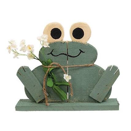 Front. BreeBe - Rustic Wood Happy Frog on Base w/Flowers - Green.