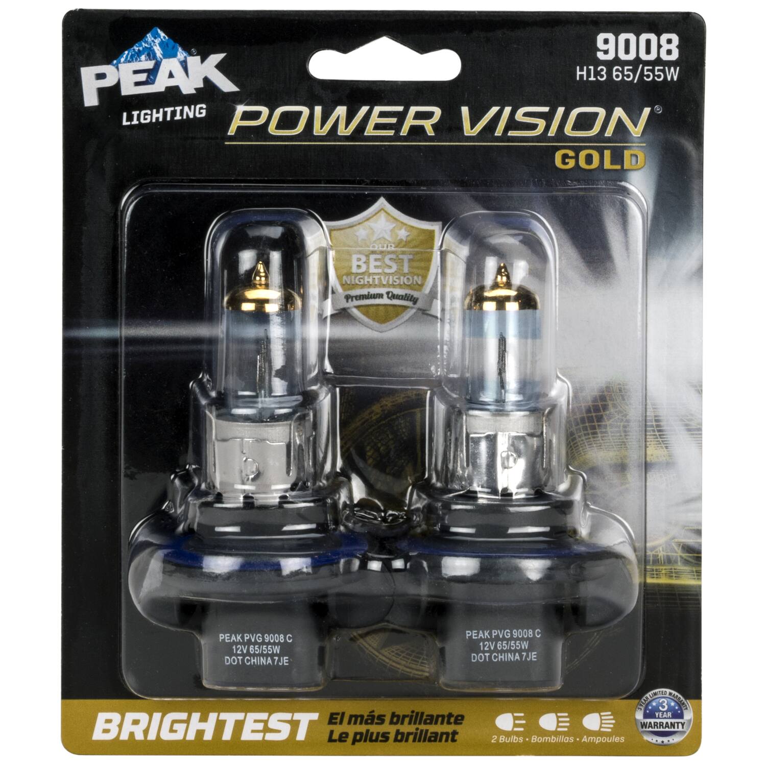 9008 PEAK H13 65/55W LIGHTING POWER VISION GOLD OUD BEST NIGHTVISION Premium Quality PEAK PVG 9008 C 12V 65/55W DOT CHINA7JE 7JE PEAK PVG 9008 C 12V 65/55W DOT CHINA 7JE El más brillante BRIGHTEST Le plus brillant UMTTD 3 CASEN TEAR WARRANTY 2 Bulbs Bombillas Ampoules