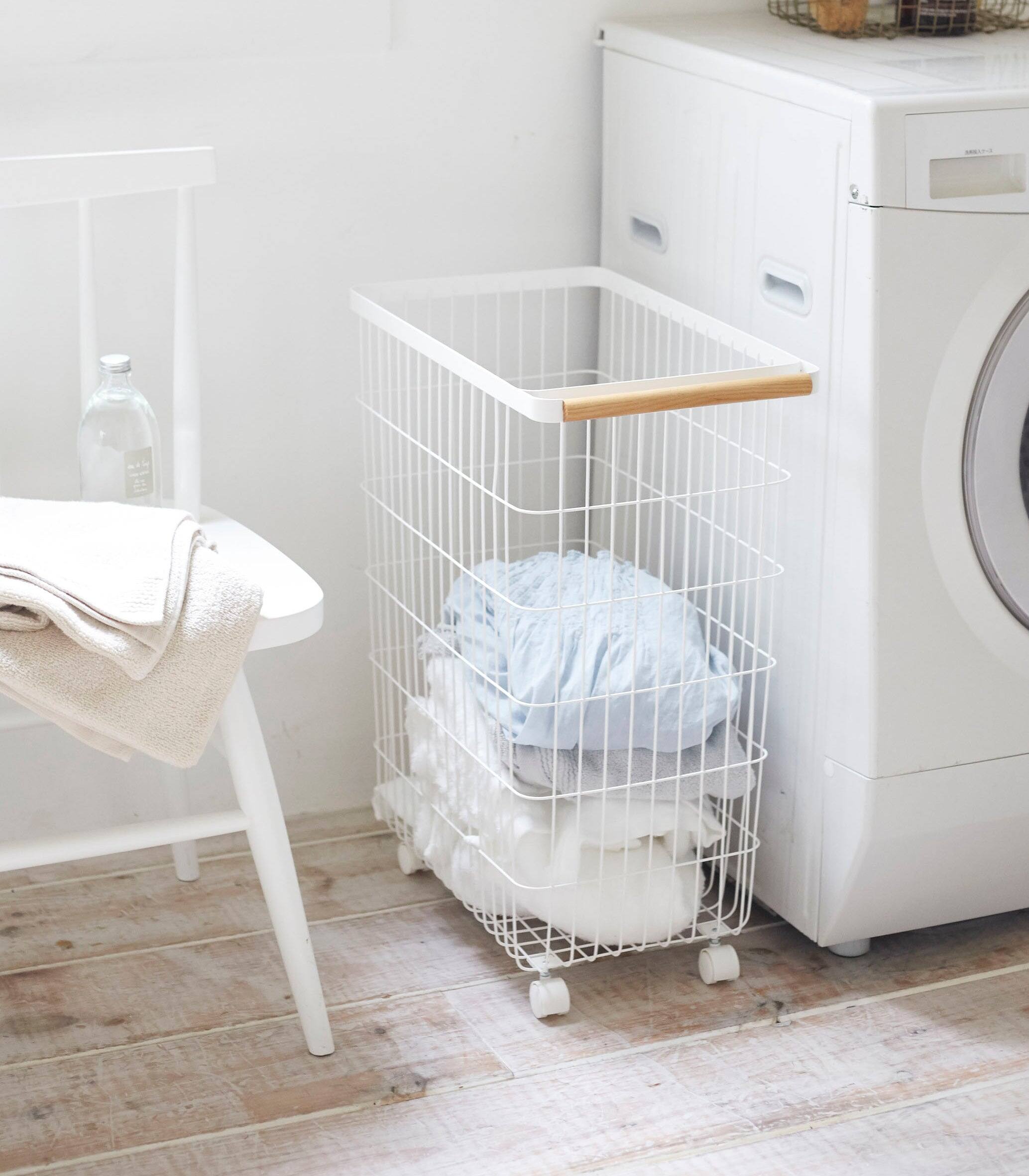 Alt View 2. Yamazaki Home - Rolling Wire Basket (24" H)  - Steel + Wood - White.