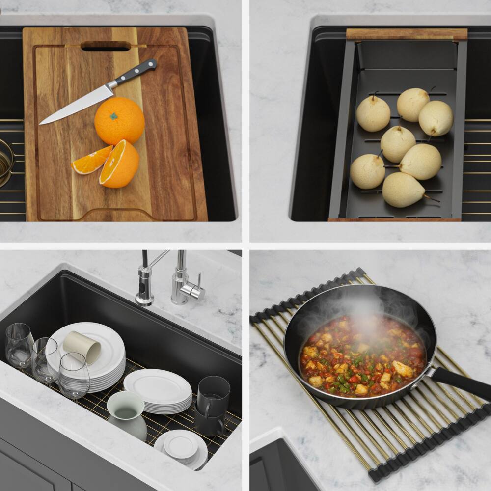 Back. JUJABU - Quartz Kitchen Sink - 33" x 19" x 9.65" Black Workstation Undermount Single Bowl - Black.