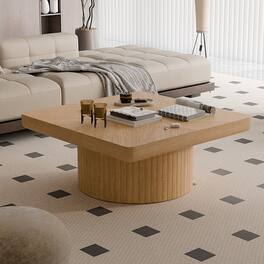 Loheer - 34.6 Inch Square Coffee Table Modern Wood Veneer Center Table with Parquet Pattern and Cylindrical Base Natural - Natural Wood