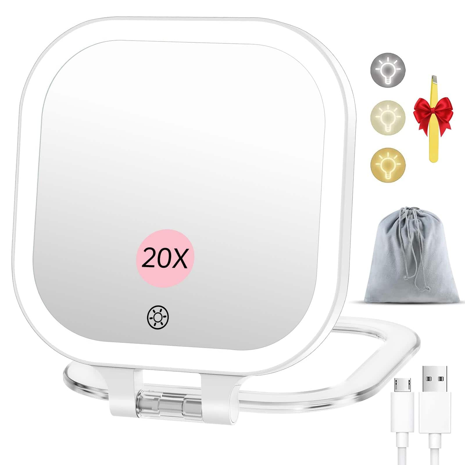 Pacoar Cade - Magnification Rechargeable Travel Makeup Mirror Lighted Vanity With Colors Lighting & Double Sided For Women (+bag - 7" White+bag