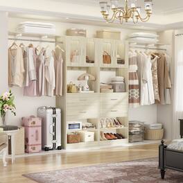 Aheaplus - 41'' - 120'' Adjustable Wardrobe System with Drawers, Cabinets, and Hanging Rods, Large Closet System Sets - Beige Oak