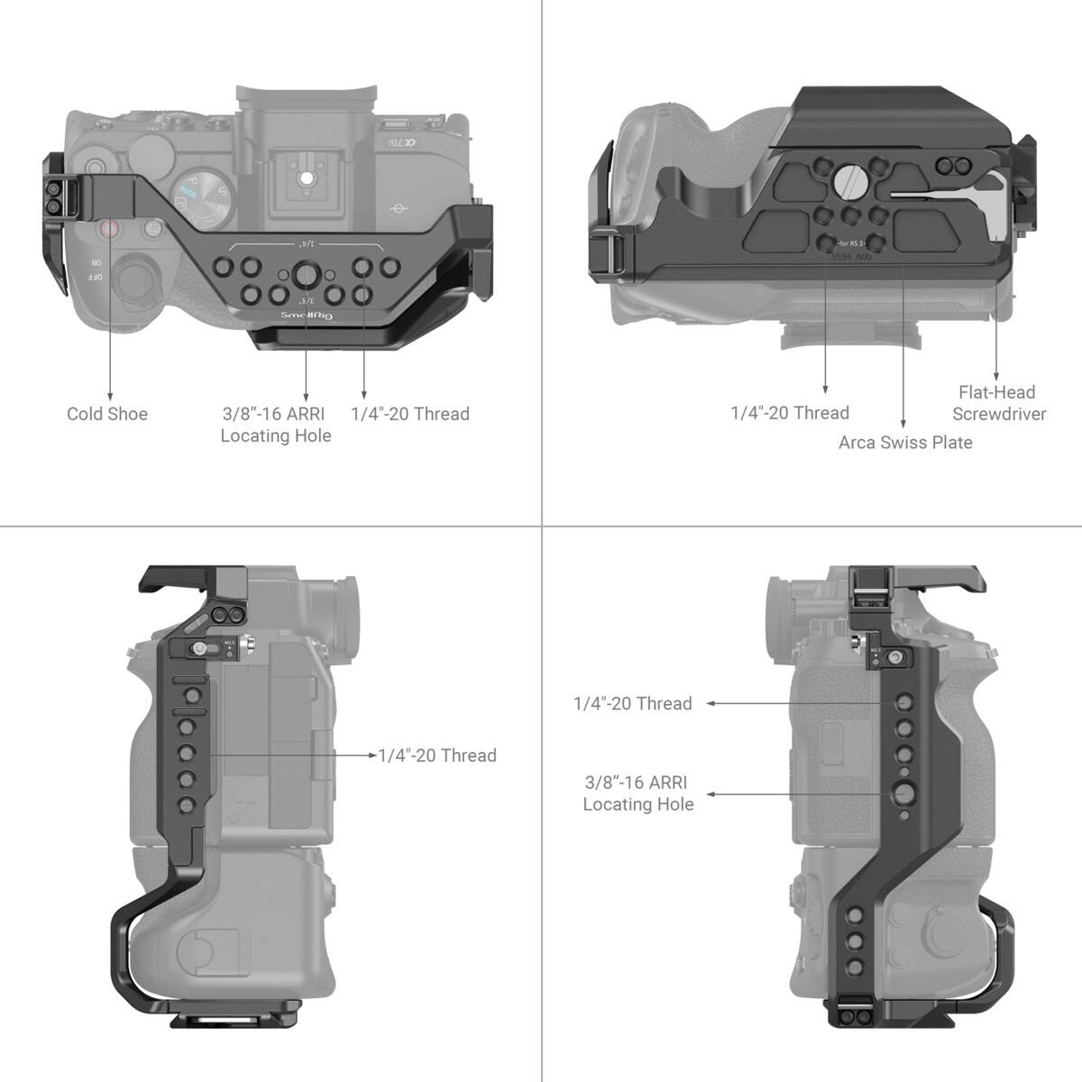 - Cold Shoe
- 3/8"-16 ARRI Locating Hole
- 1/4"-20 Thread
- Flat-Head Screwdriver
- Arca Swiss Plate