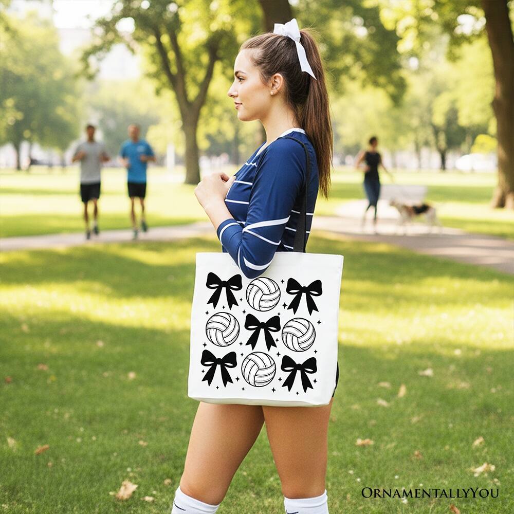 Left. OrnamentallyYou - Coquette Volleyball Bows Canvas Tote Bag, Cute Athletic Sports Game Day Gift Shopper - White Black.
