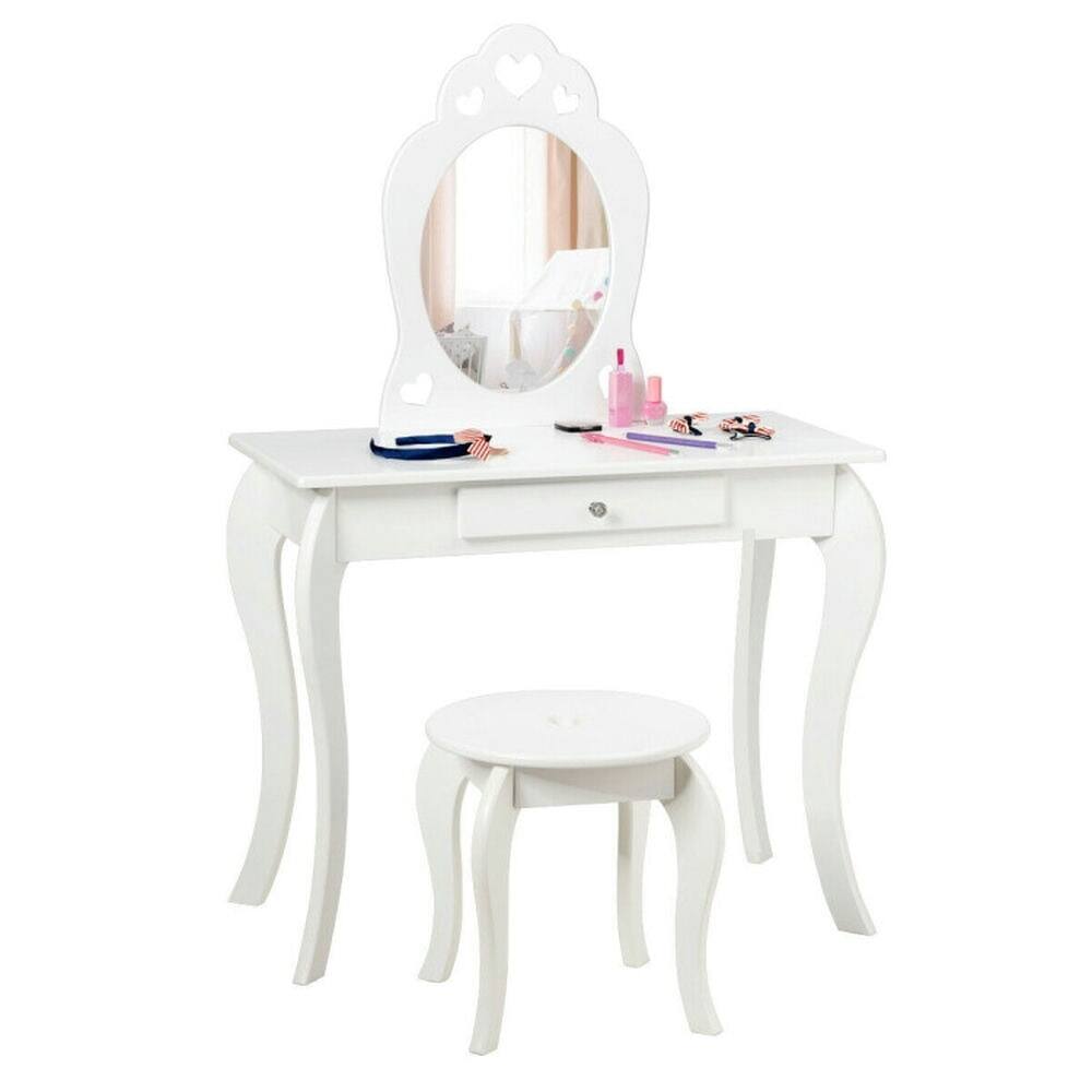 Angle. Kadyn - Kids Princess Makeup Dressing Play Table Set with Mirror -White, Kids Makeup Vanity for Girls Kids - White.