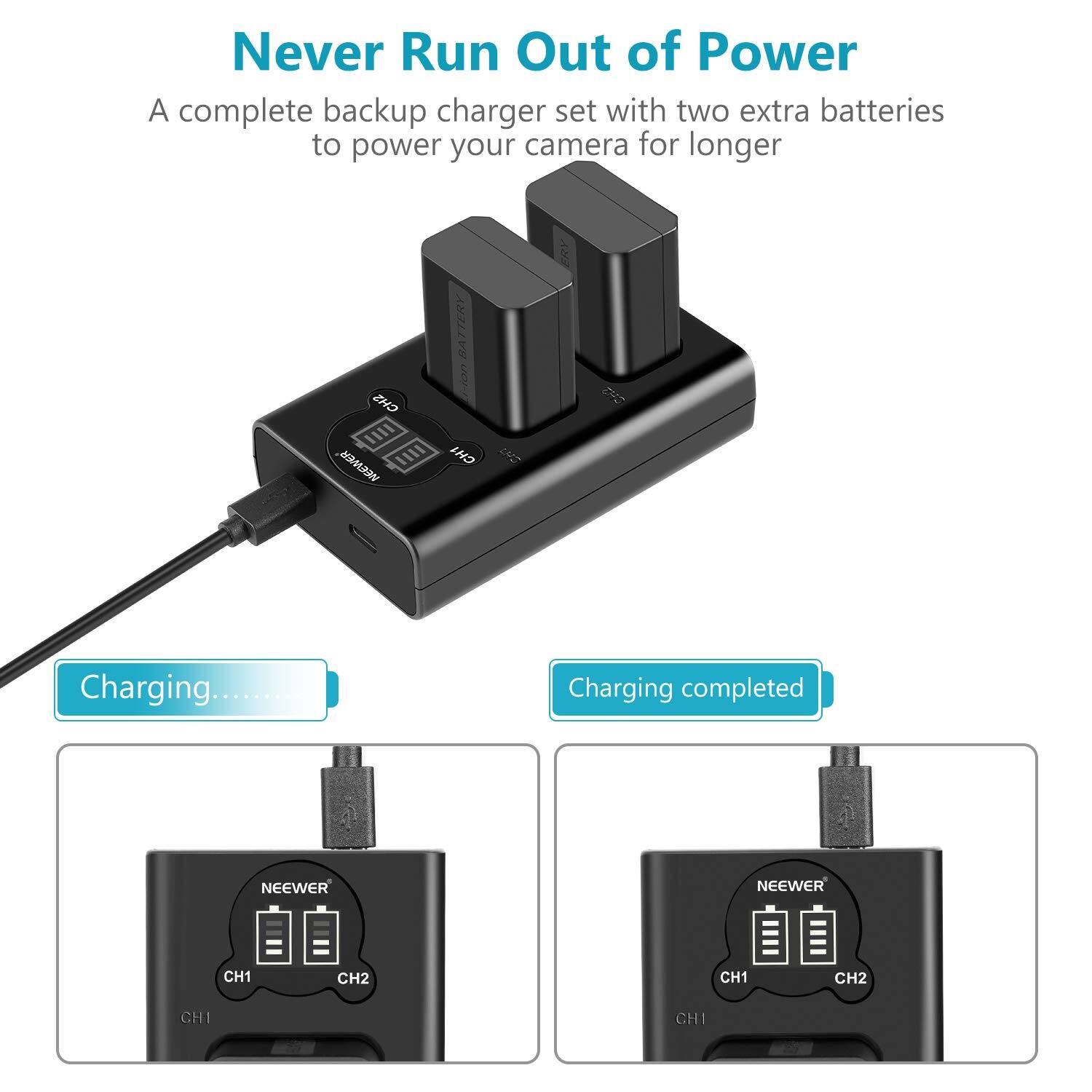 Never Run Out of Power  
A complete backup charger set with two extra batteries to power your camera for longer  

Charging...  
Charging completed  

NEEWER  
CH1 CH2  
CH1 CH2  
CH1