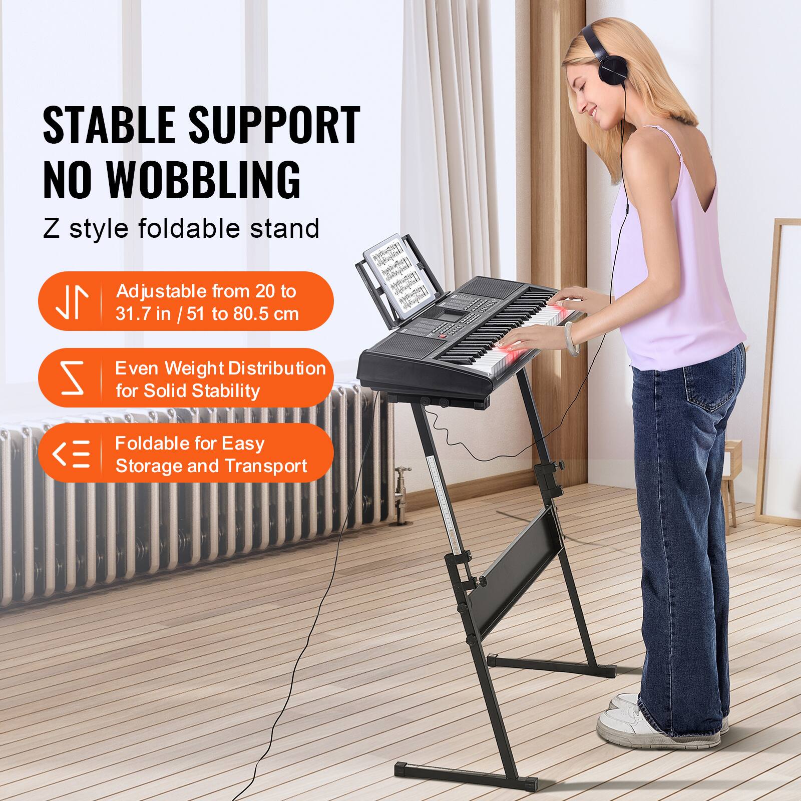 STABLE SUPPORT  
NO WOBBLING  

Z style foldable stand  

Adjustable from 20 to 31.7 in / 51 to 80.5 cm  

Even Weight Distribution for Solid Stability  

Foldable for Easy Storage and Transport