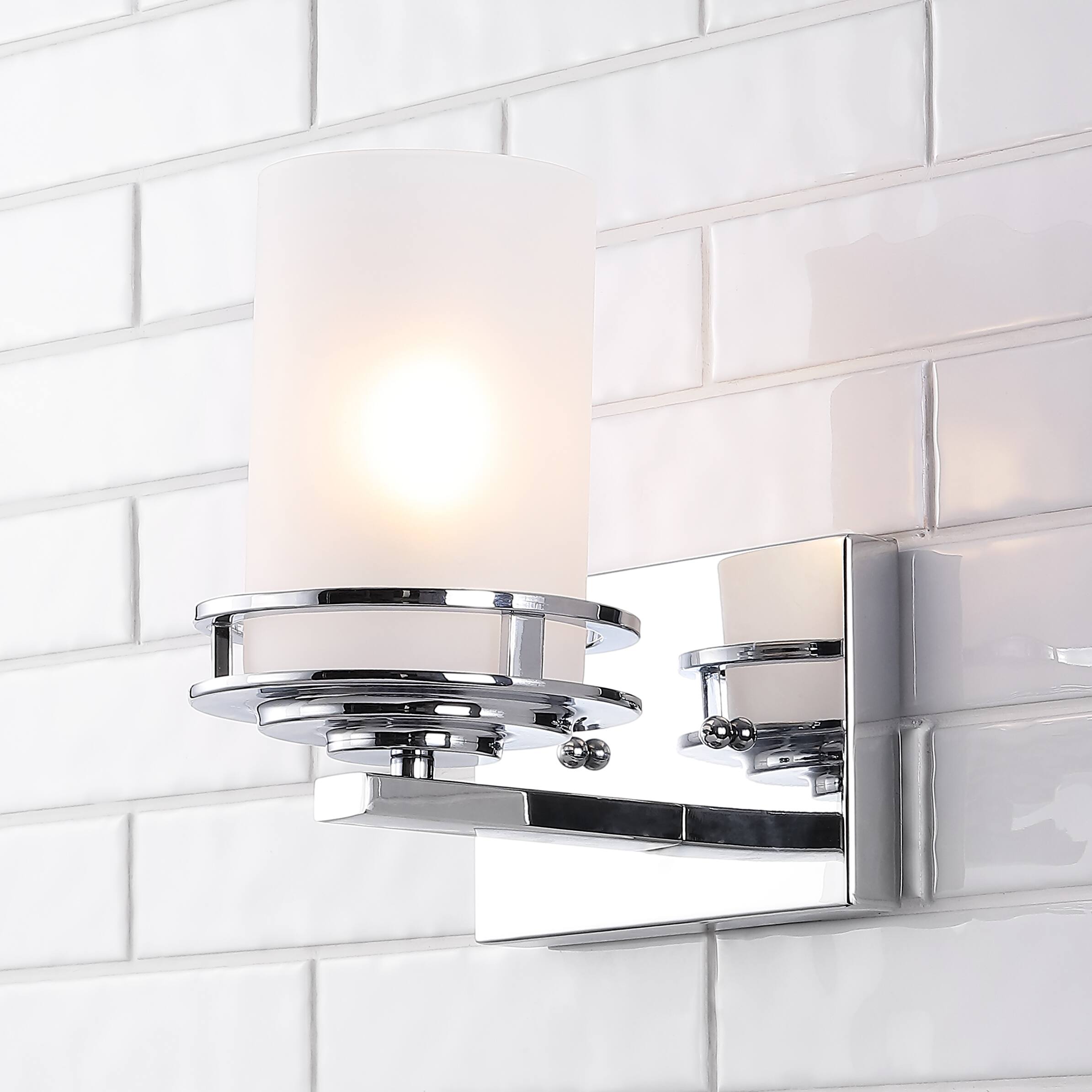 Alt View 1. Jonathan Y - Fairfax 7.13" 1-Light Metal/Frosted Glass Contemporary Glam LED Vanity Light, Chrome - Chrome.