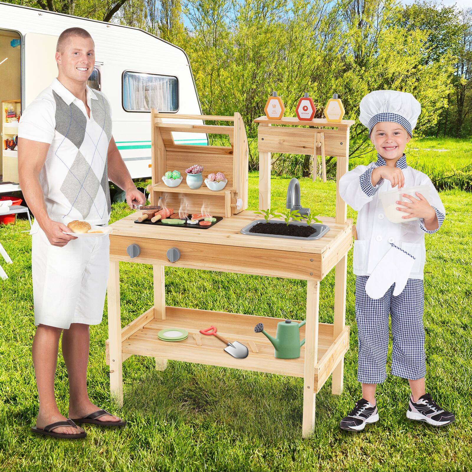 Alt View 3. Gymax - Gymax Wooden Barbecue Grill Playset w/ Play Food Grilling Tools & Accessories - Natural.
