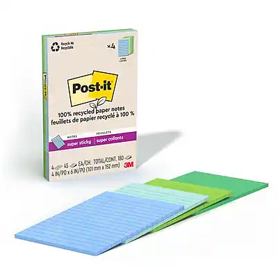Post-it
100% recycled paper notes
100% feuillets de papier recyclé à 100%
4 x 45 EA/CH
4 x 45 ÉV/CH
4 x 45 TOTAL/CONT. 180
super sticky
super collants
3M
4 (101 mm x 76 mm)