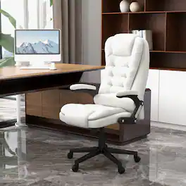HTUTWOO - High Back Massage Office Chair, 6 Vibration Points, PU Leather - Adjustable Height for Home Office, Study - White
