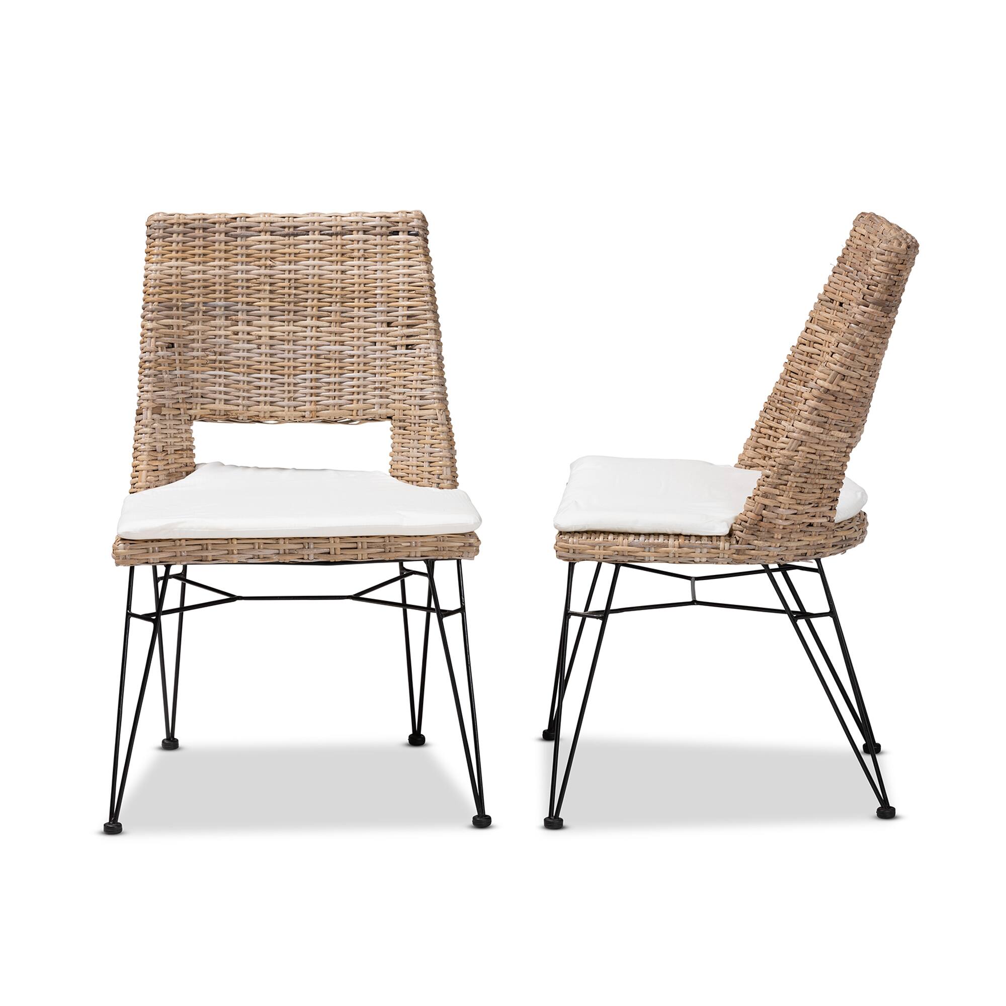 Left. bali & pari - Nafaro Modern Bohemian Natural Rattan Metal Dining Chair with Cushion 2-Piece Set - Greywashed/Black/White.