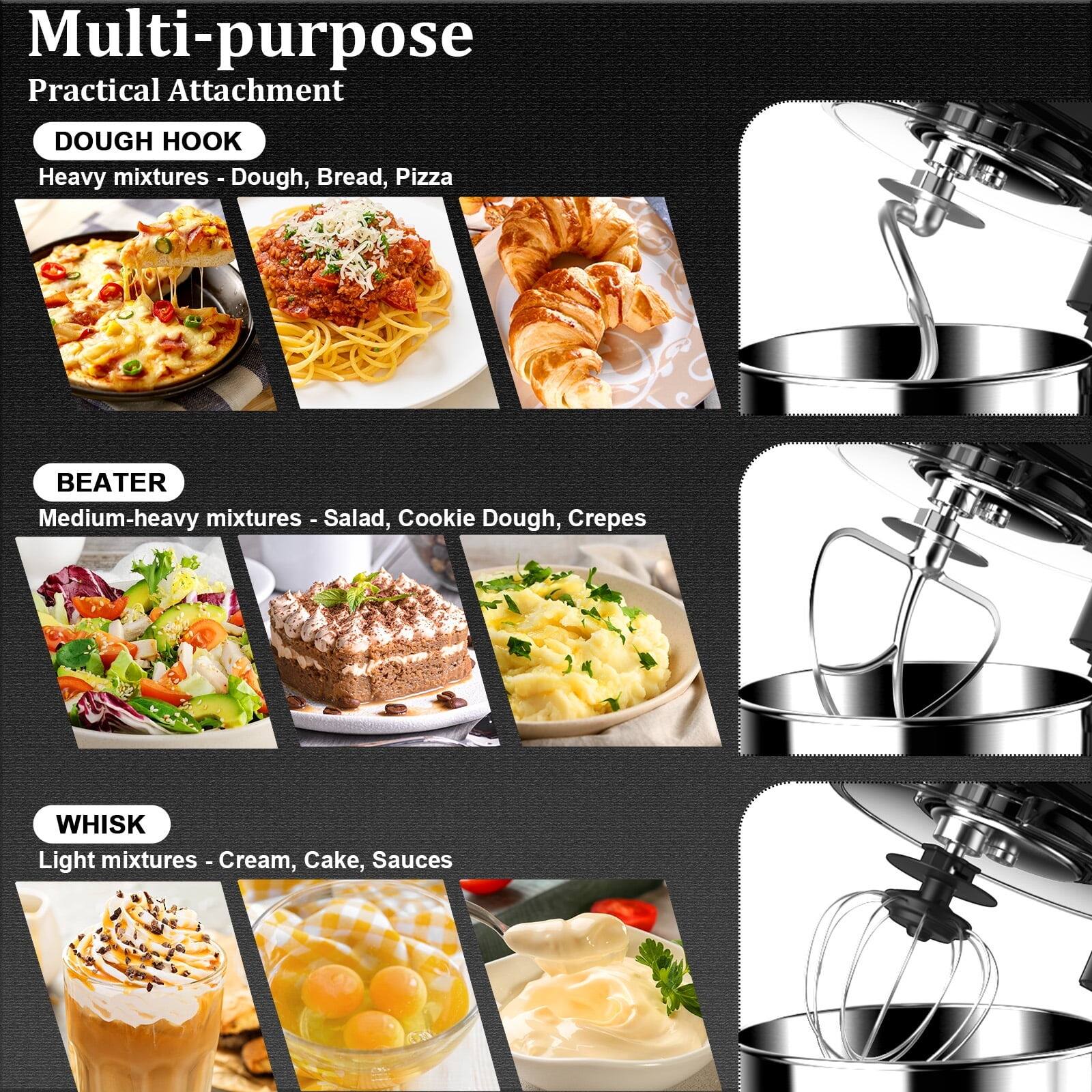 Multi-purpose  
Practical Attachment  

DOUGH HOOK  
Heavy mixtures - Dough, Bread, Pizza  

BEATER  
Medium-heavy mixtures - Salad, Cookie Dough, Crepes  

WHISK  
Light mixtures - Cream, Cake, Sauces