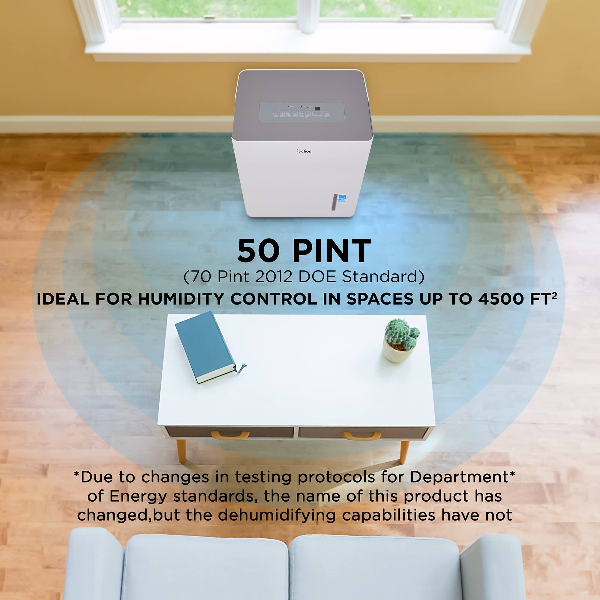 1. 50 PINT (70 Pint 2012 DOE Standard)
2. IDEAL FOR HUMIDITY CONTROL IN SPACES UP TO 4500 FT2
3. *Due to changes in testing protocols for Department* of Energy standards, the name of this product has changed, but the dehumidifying capabilities have not