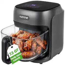 NutriChef - 7.5 Quart Family Size Air Fryer, 6 Presets, Glass Fry Bowl, 360° Air Circulation - Gray