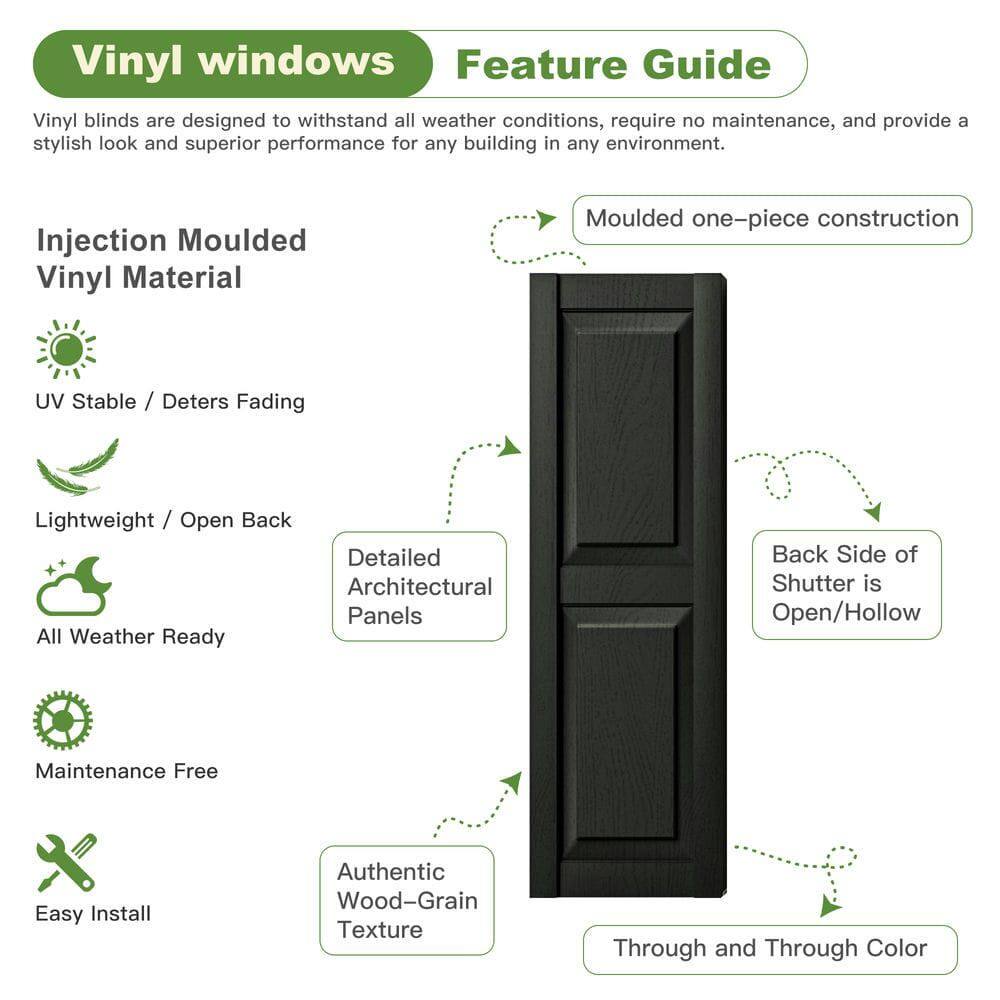 Vinyl windows Feature Guide

Vinyl blinds are designed to withstand all weather conditions, require no maintenance, and provide a stylish look and superior performance for any building in any environment.

Injection Moulded Vinyl Material
- Moulded one-piece construction
- UV Stable / Deters Fading
- Lightweight / Open Back
- Detailed Architectural Panels
- All Weather Ready
- Back Side of Shutter is Open/Hollow
- Maintenance Free
- Easy Install
- Authentic Wood-Grain Texture
- Through and Through Color