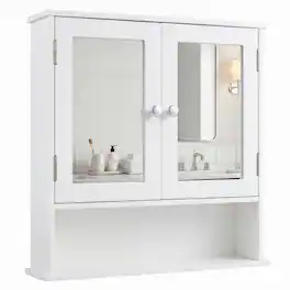 WELLFOR - Wall-Mounted Bathroom Mirror Cabinet with Double Doors, Adjustable Shelf and Open Storage - White