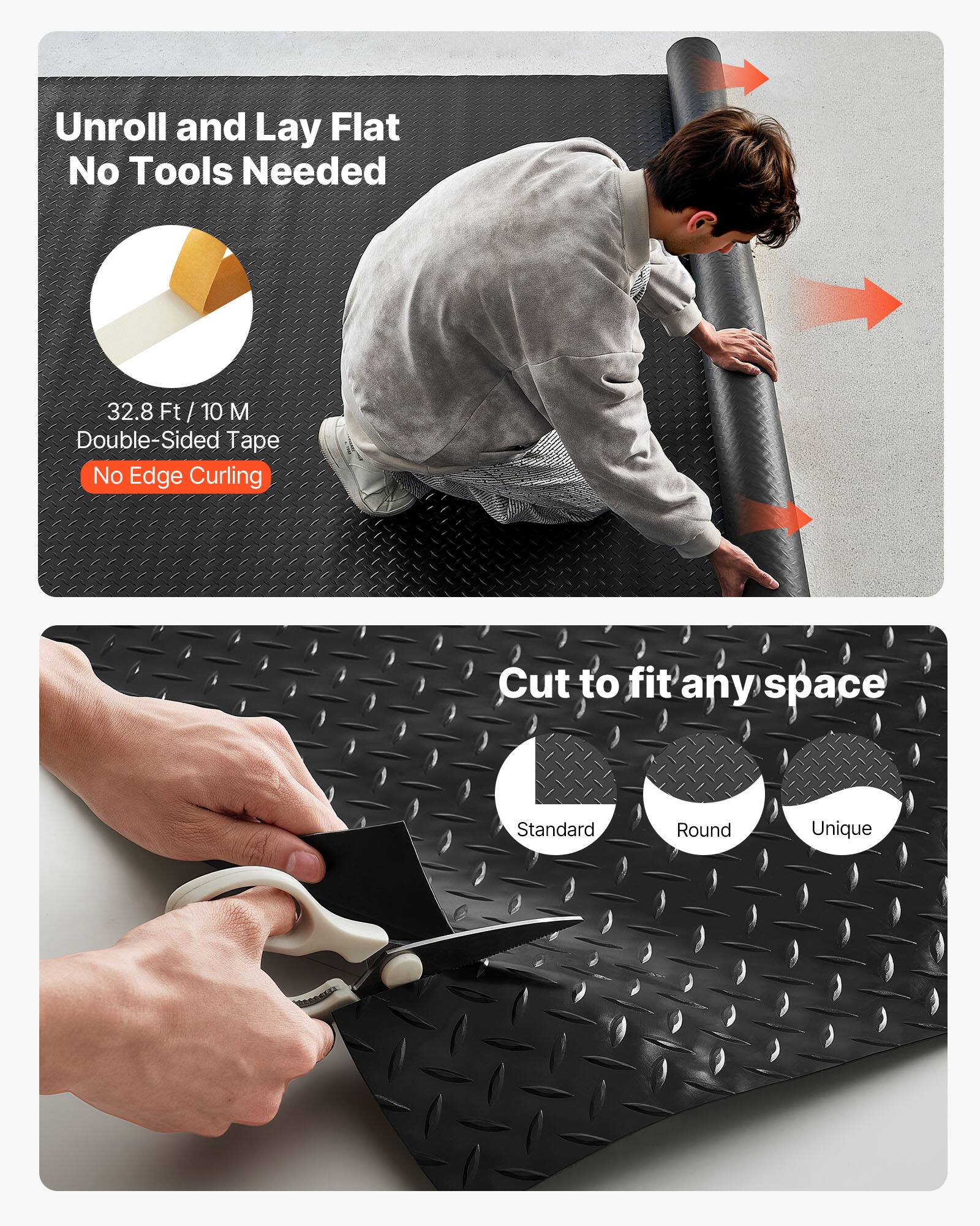 Unroll and Lay Flat  
No Tools Needed  

32.8 Ft / 10 M  
Double-Sided Tape  
No Edge Curling  

Cut to fit any space  
Standard  
Round  
Unique