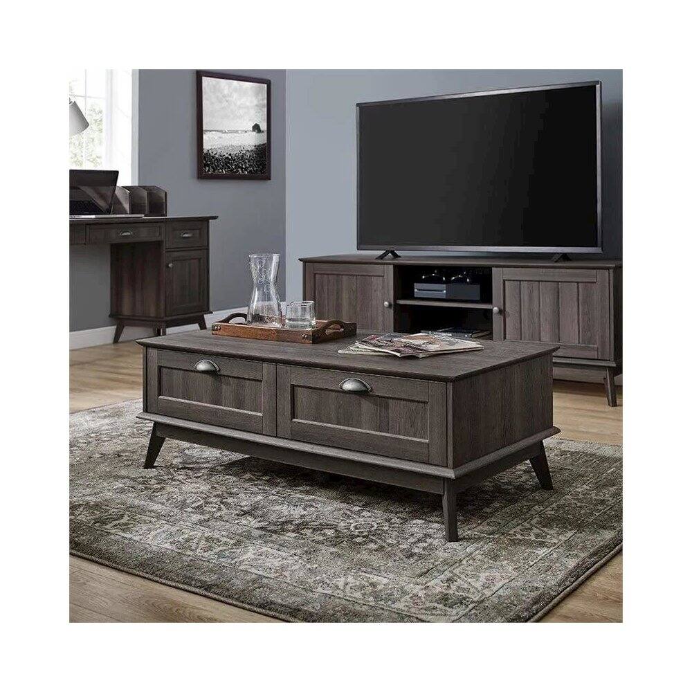 Back. Caffoz - Newport Series Tall Center Coffee Table With Two Fully Extended Drawers - Smoky Oak.