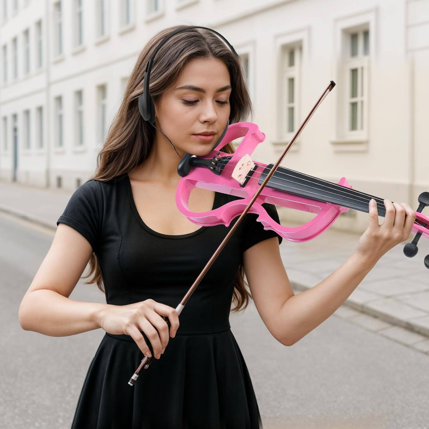 Angle. Winado - 4/4 Acoustic Silent Electric Violin for Beginner Adults Teens with Ebony Fittings, Case, Bow, Headphone.
