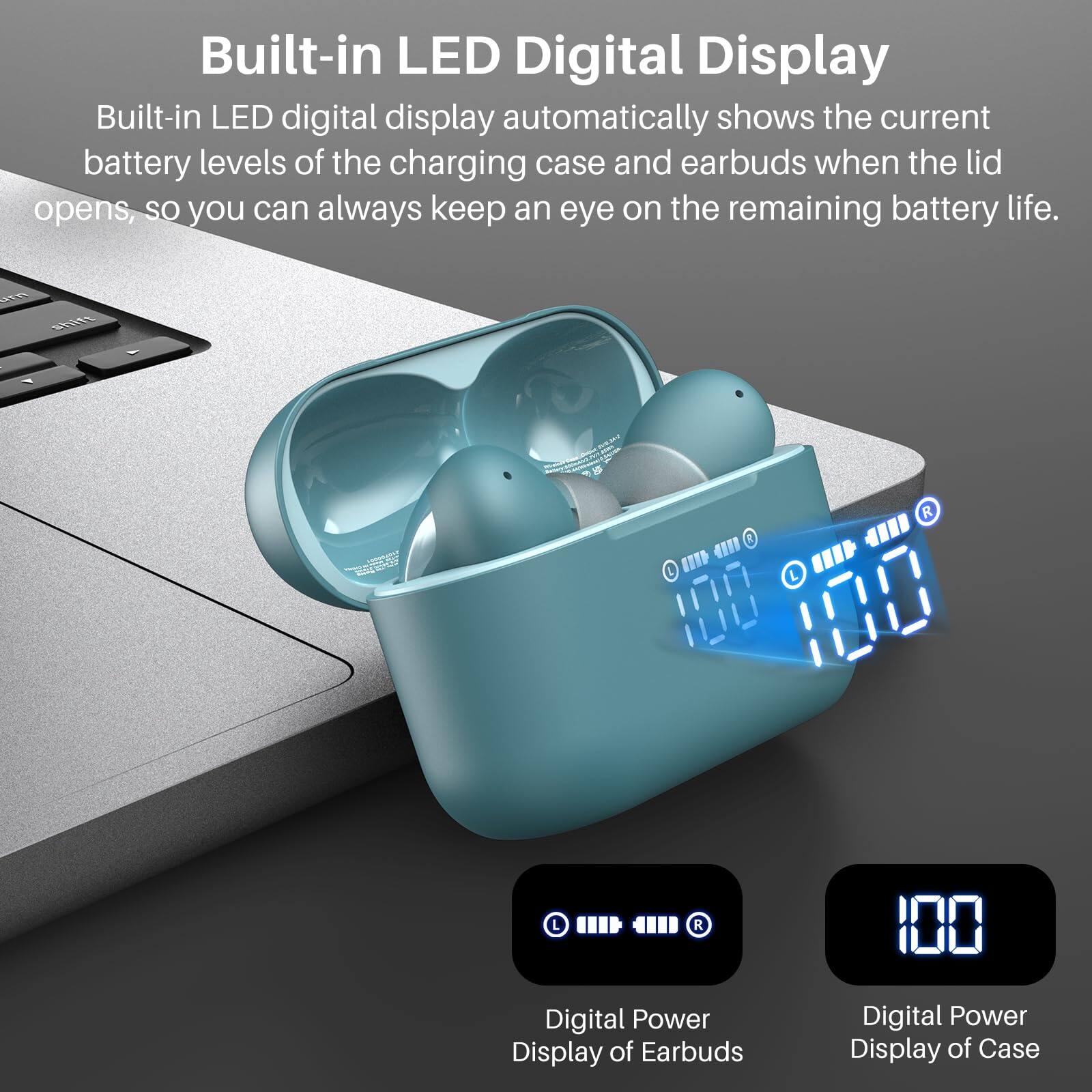Built-in LED Digital Display, Built-in LED digital display automatically shows the current battery levels of the charging case and earbuds when the lid opens, so you can always keep an eye on the remaining battery life. Digital Power Display of Earbuds, Digital Power Display of Case