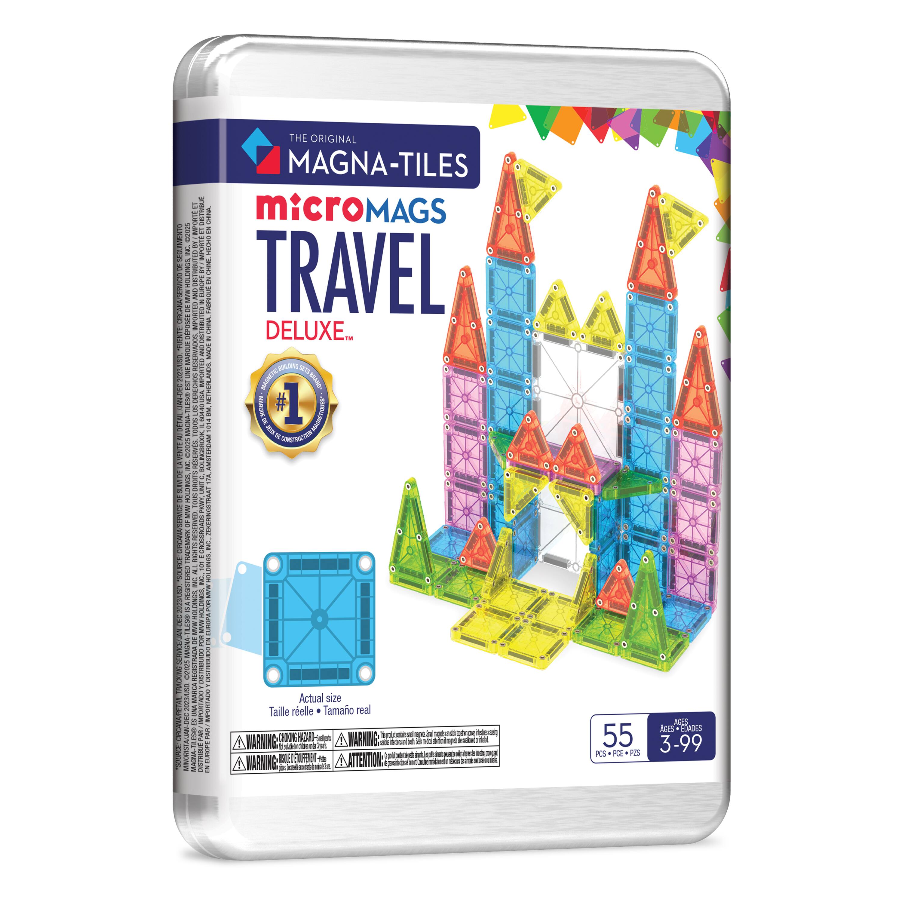 THE ORIGINAL MAGNA-TILES  
microMAGS  
TRAVEL DELUXE™  

#1  
BEST SELLING MAGNETIC BUILDING SET  

Actual size  
Taille réelle  
Tamaño real  

55 PCS + 5 PS  
AGES 3-99  

WARNING: CHOKING HAZARD - Small parts. Not for children under 3 years.  
ATTENTION: PELIGRO - Piezas pequeñas. No es adecuado para niños menores de 3 años.