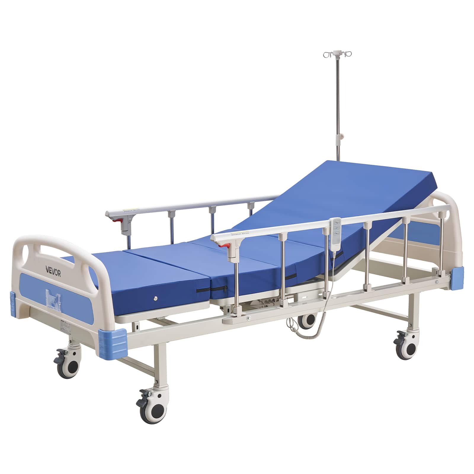 VEVOR - Premium 2 Function Full Electric Hospital Bed, ICU Electric Medical Bed with Backrest & Legrest Adjustment, 5" Locking - White;Blue
