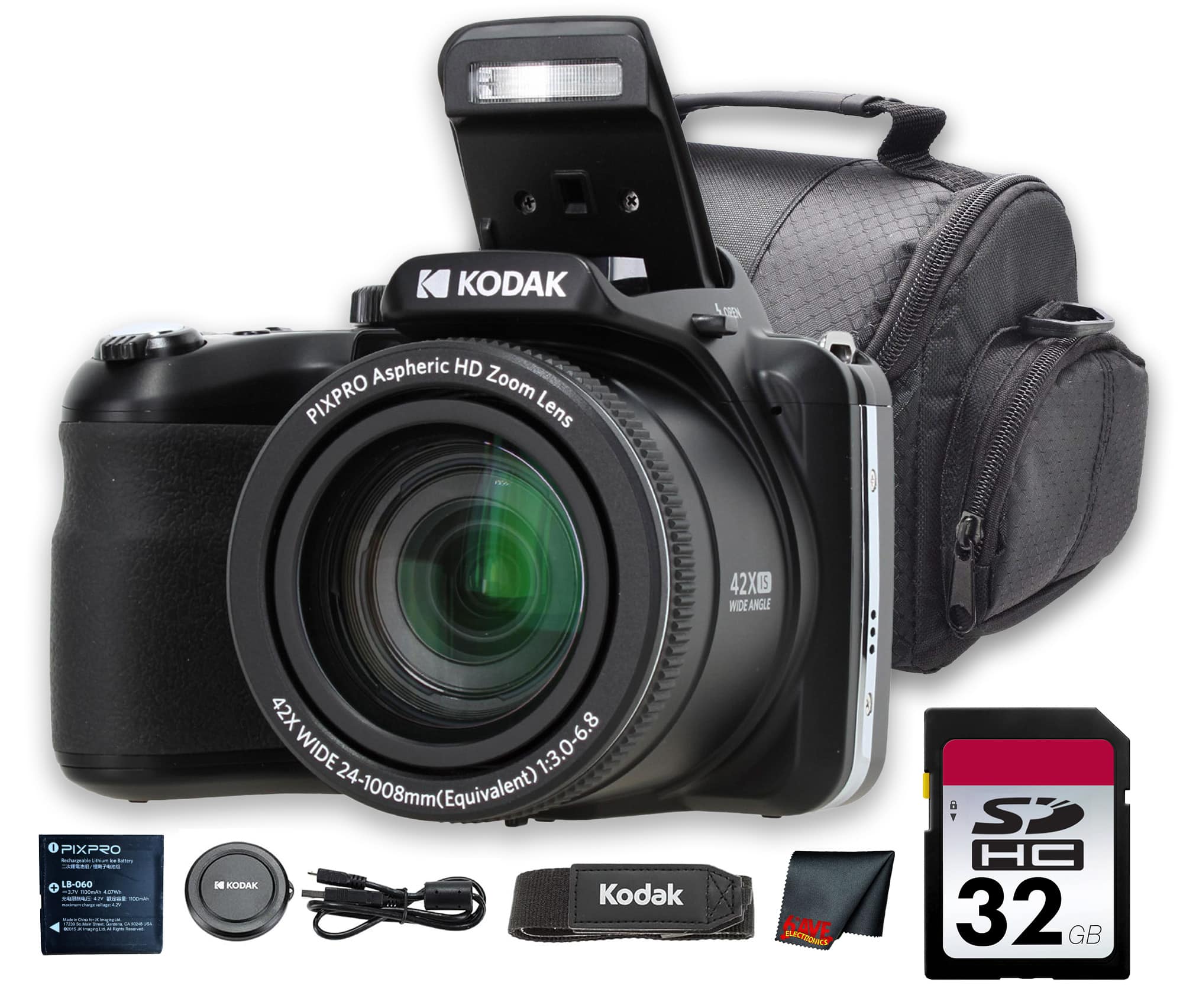 Kodak - PIXPRO AZ425 Digital Camera (Black) (AZ425BK) + 32GB Card + Bag + Cloth